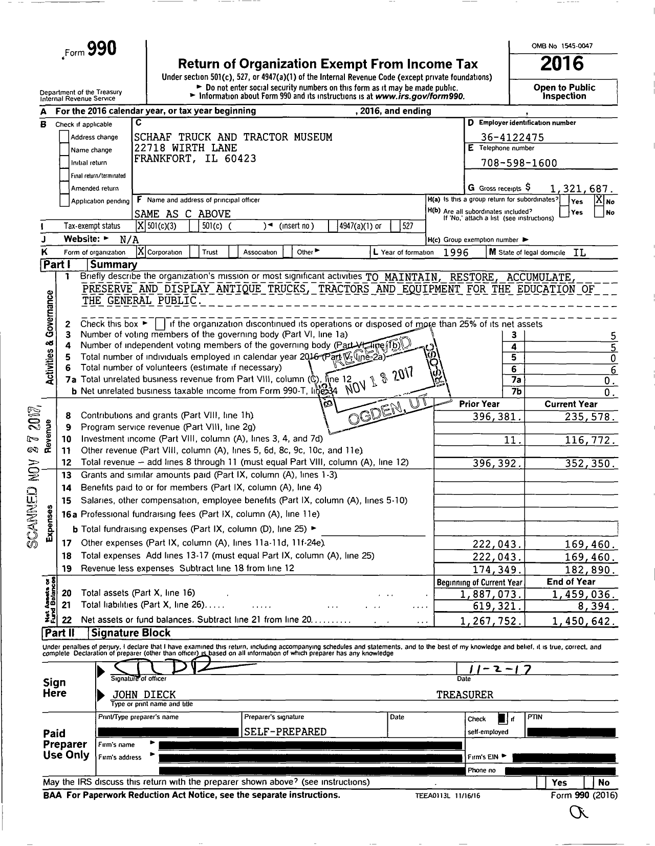 Image of first page of 2016 Form 990 for Schaaf Truck and Tractor Museum