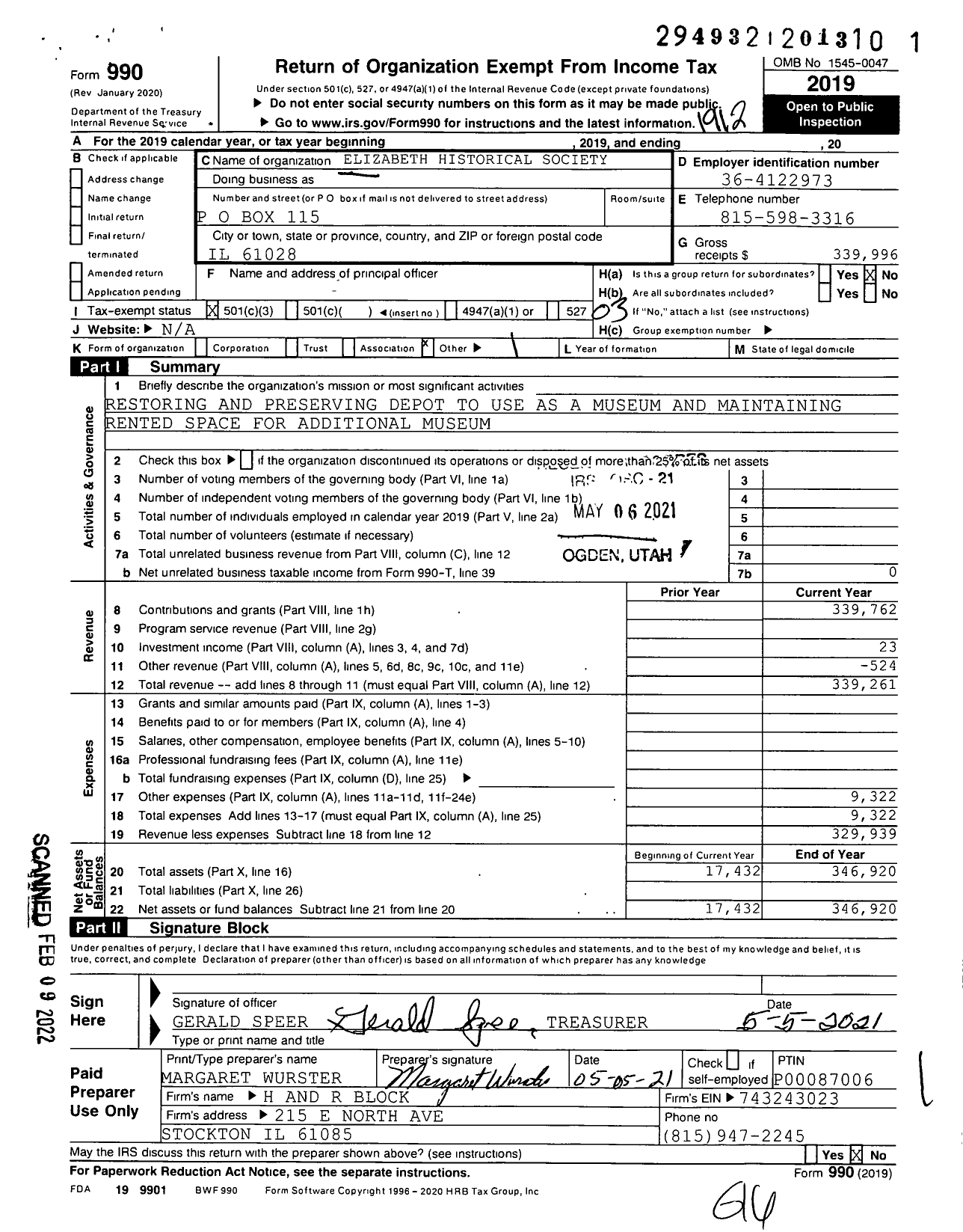 Image of first page of 2019 Form 990 for Elizabeth Historical Society