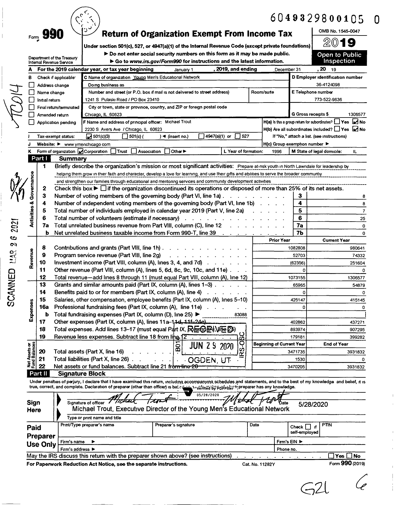 Image of first page of 2019 Form 990 for Young Men's Educational Network