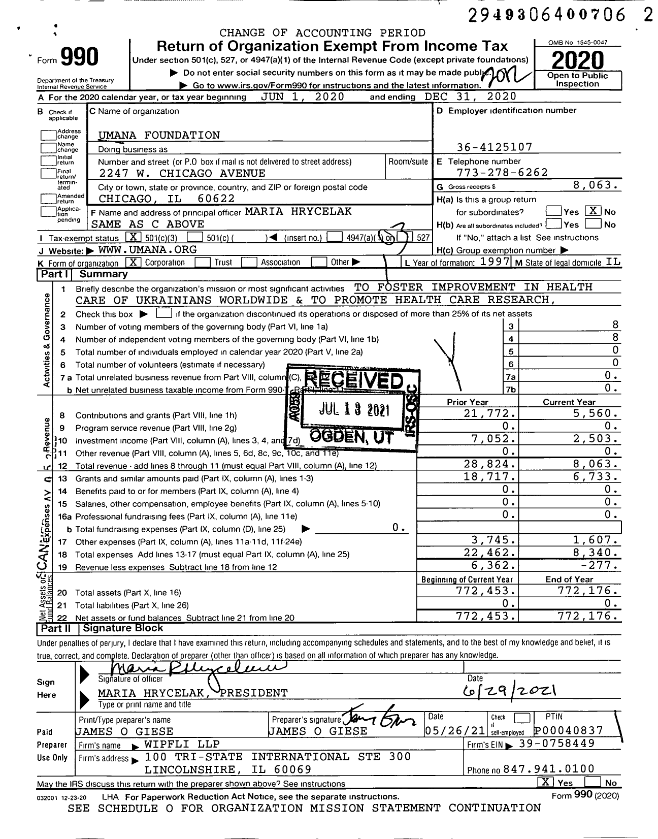 Image of first page of 2020 Form 990 for Umana Foundation