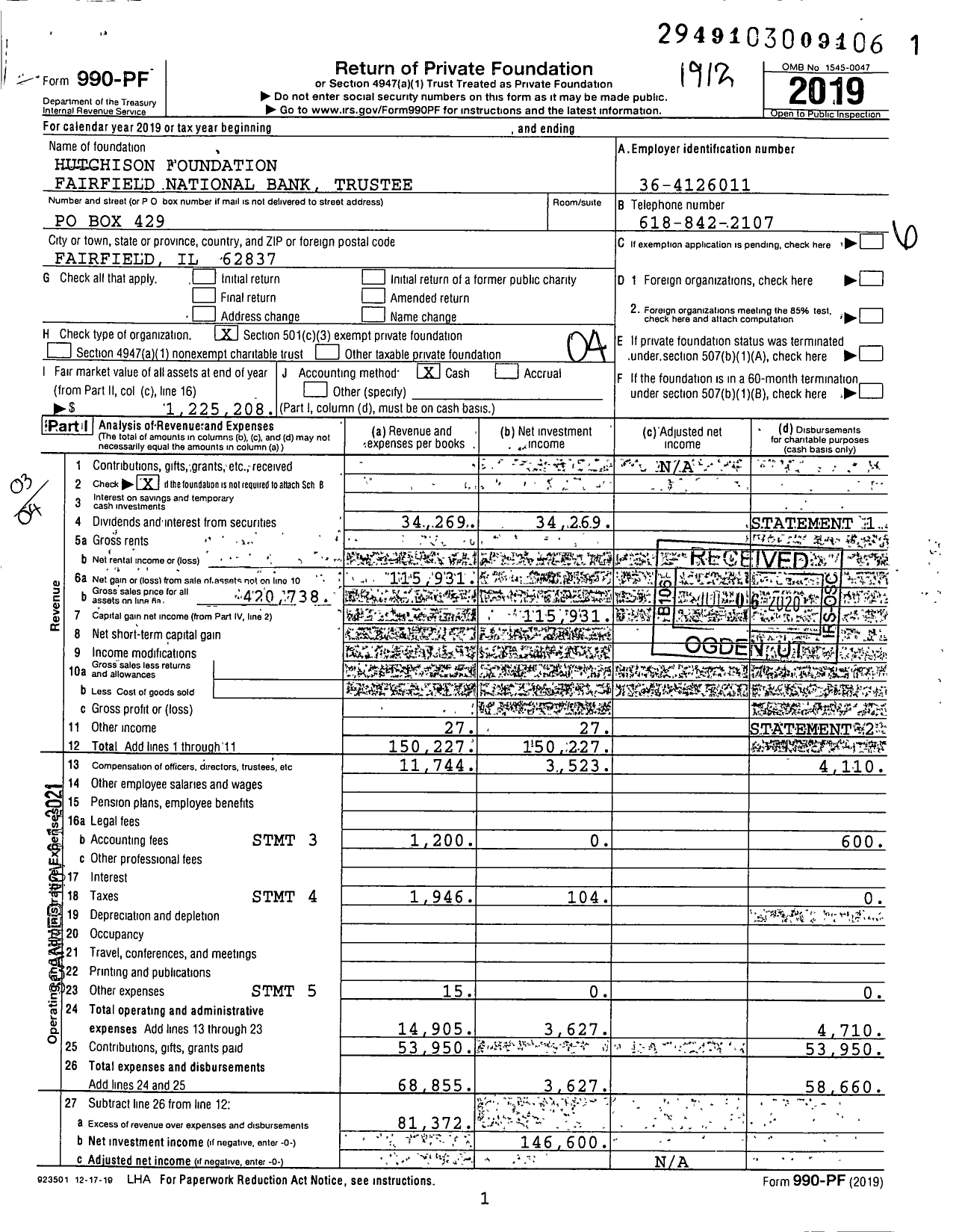 Image of first page of 2019 Form 990PF for Hutchison Foundation Fairfield National Bank Trustee