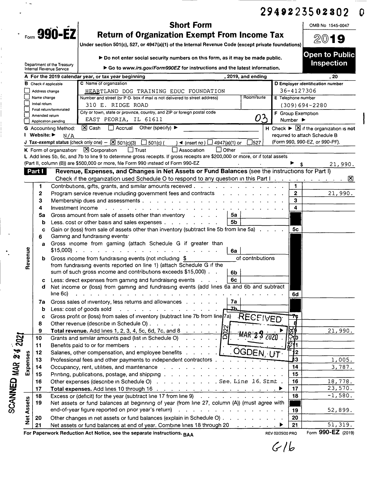 Image of first page of 2019 Form 990EZ for Heartland Dog Training Educ Foundation