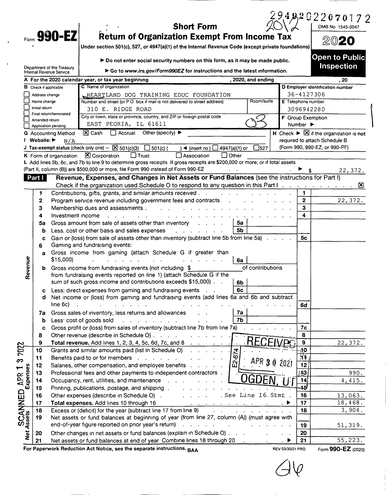 Image of first page of 2020 Form 990EZ for Heartland Dog Training Educ Foundation