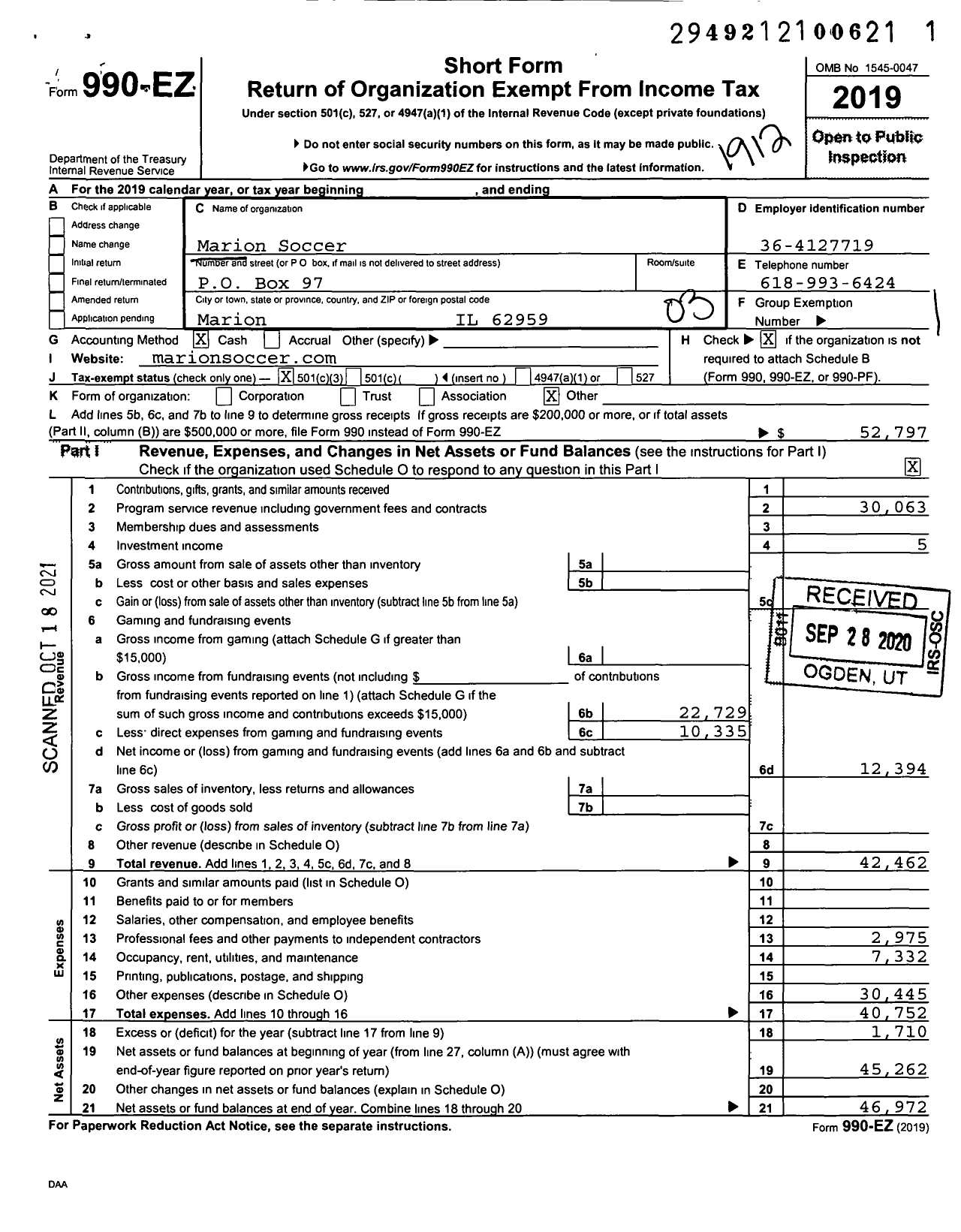 Image of first page of 2019 Form 990EZ for Marion Soccer