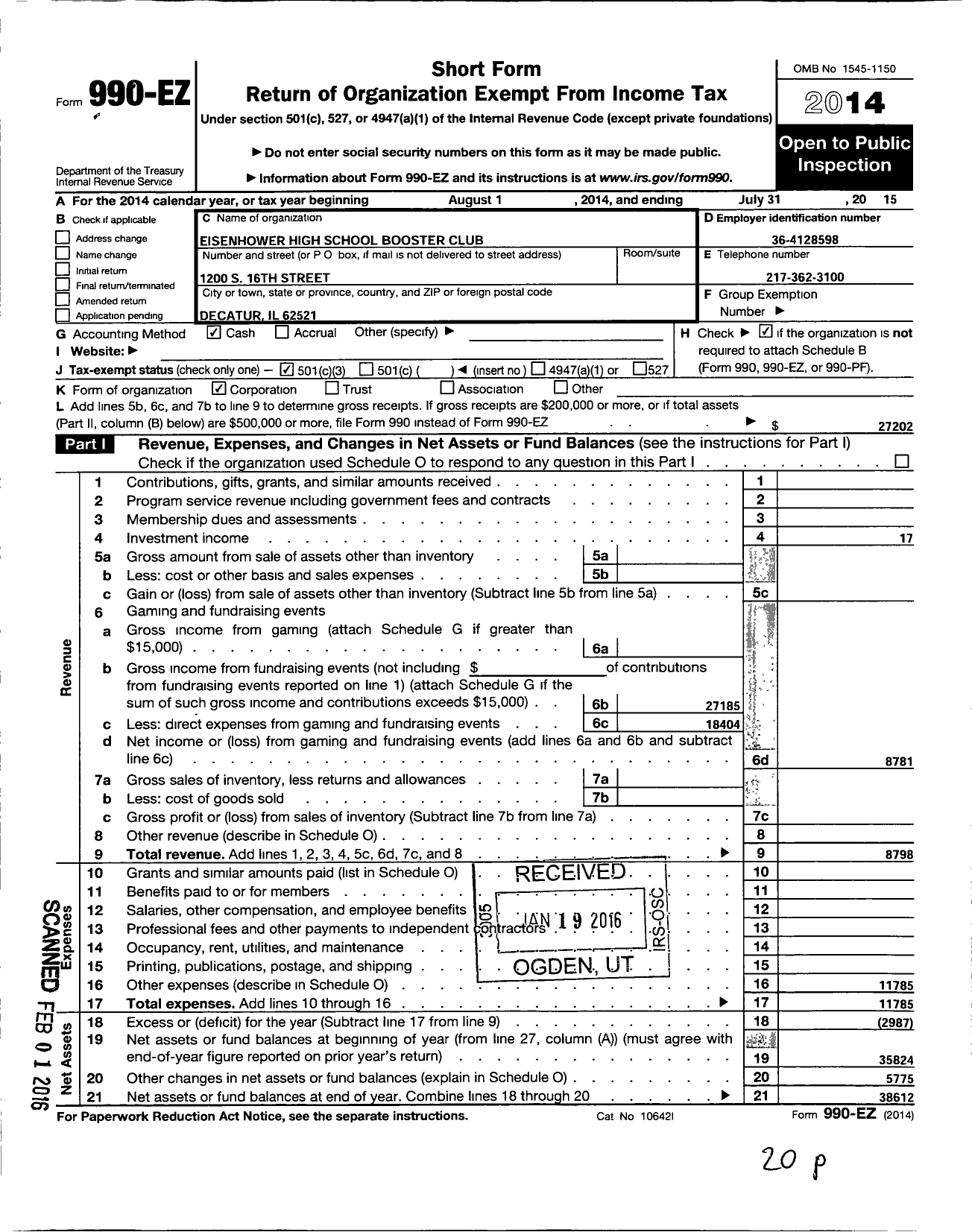 Image of first page of 2014 Form 990EZ for Eisenhower High School Booster Club