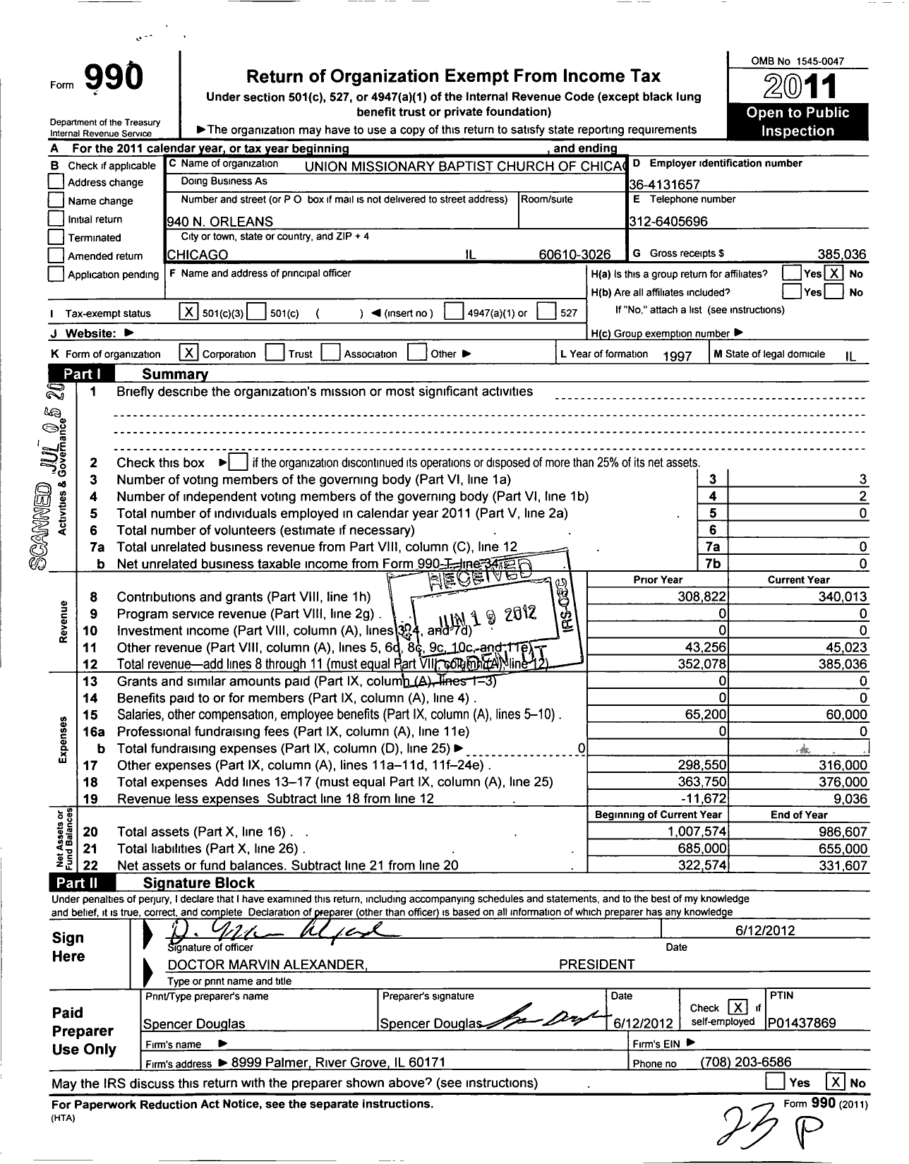 Image of first page of 2011 Form 990 for Union Missionary Baptist Church of Chicag