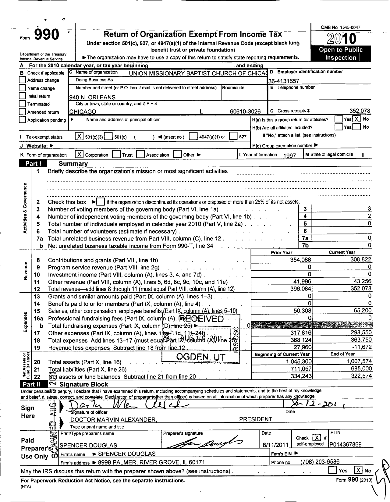 Image of first page of 2010 Form 990 for Union Missionary Baptist Church of Chicag