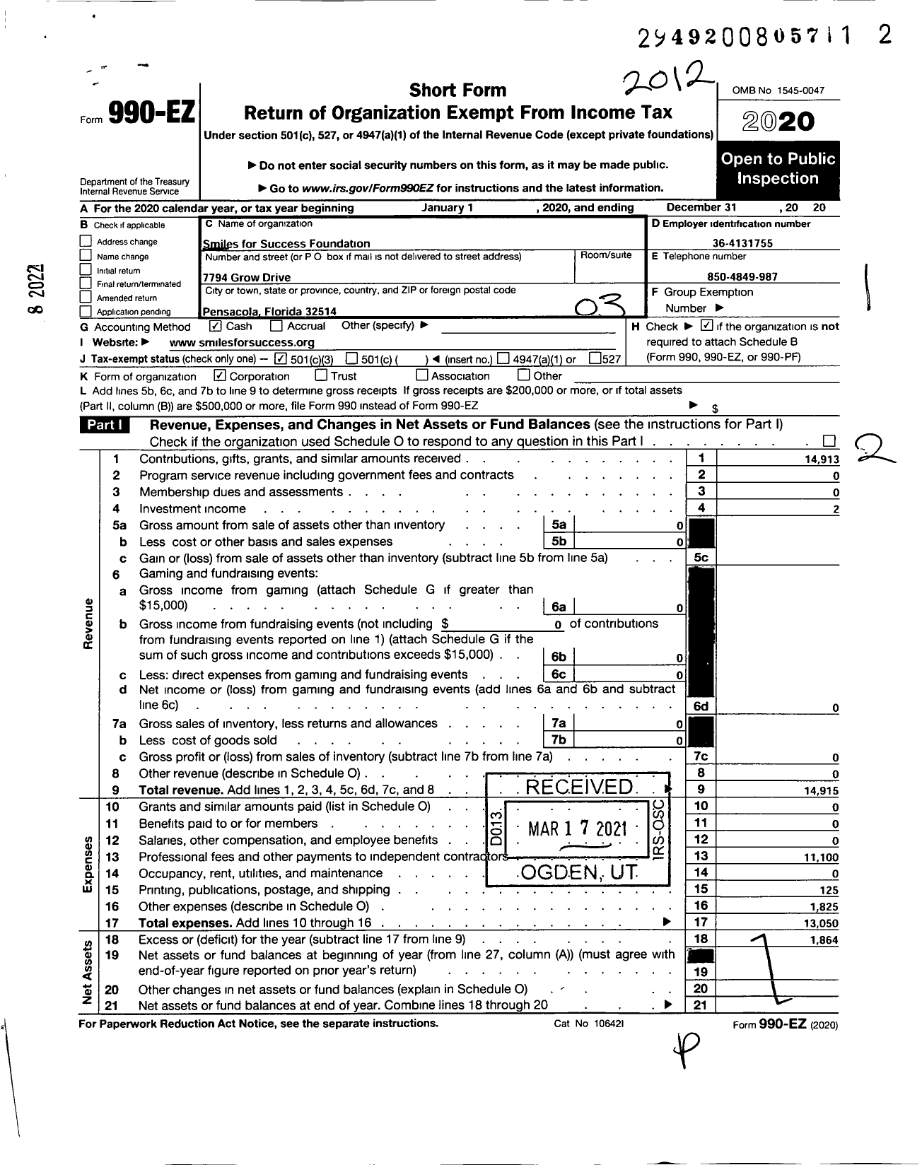 Image of first page of 2020 Form 990EZ for Smiles for Success Foundation