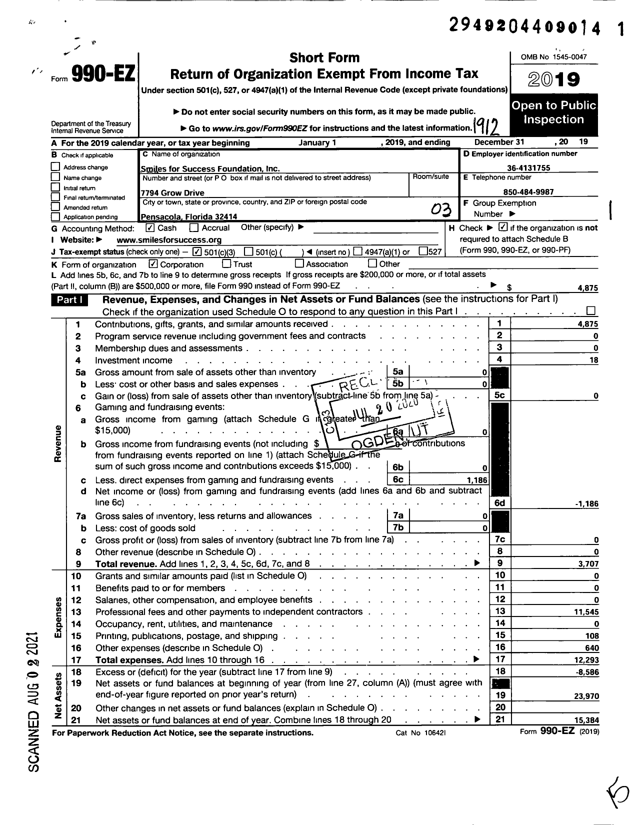 Image of first page of 2019 Form 990EZ for Smiles for Success Foundation