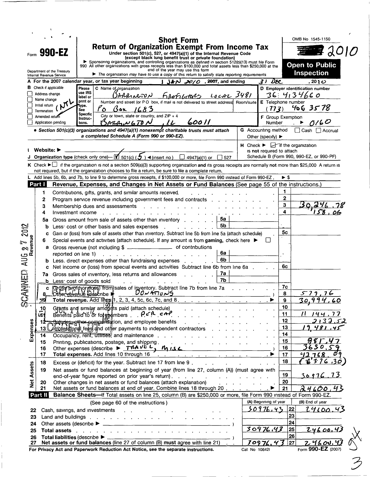 Image of first page of 2010 Form 990EO for International Association of Fire Fighters - L3481 Barrington Fire Fighters & Pa