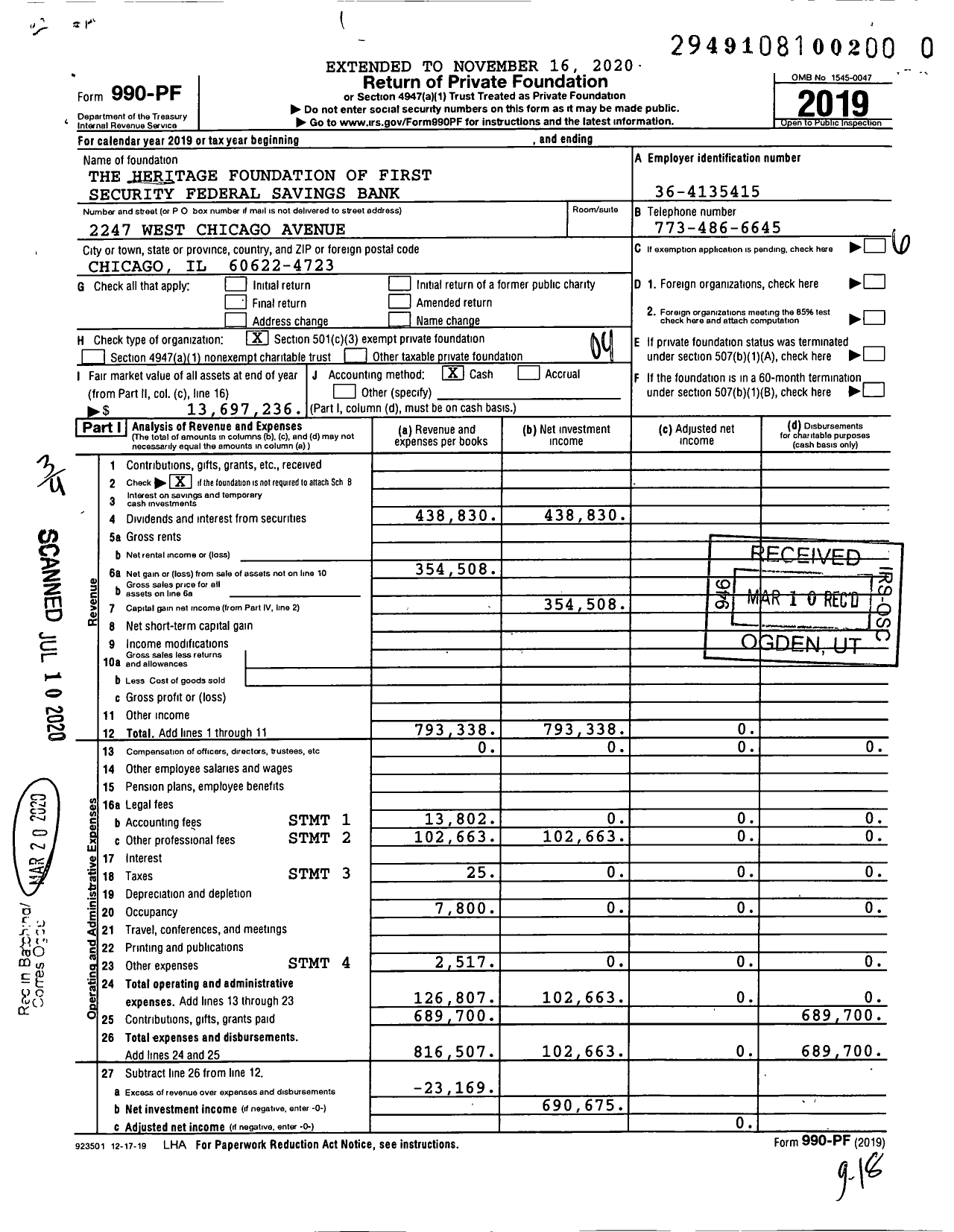 Image of first page of 2019 Form 990PR for Heritage Foundation of First Security Federal Savings Bank