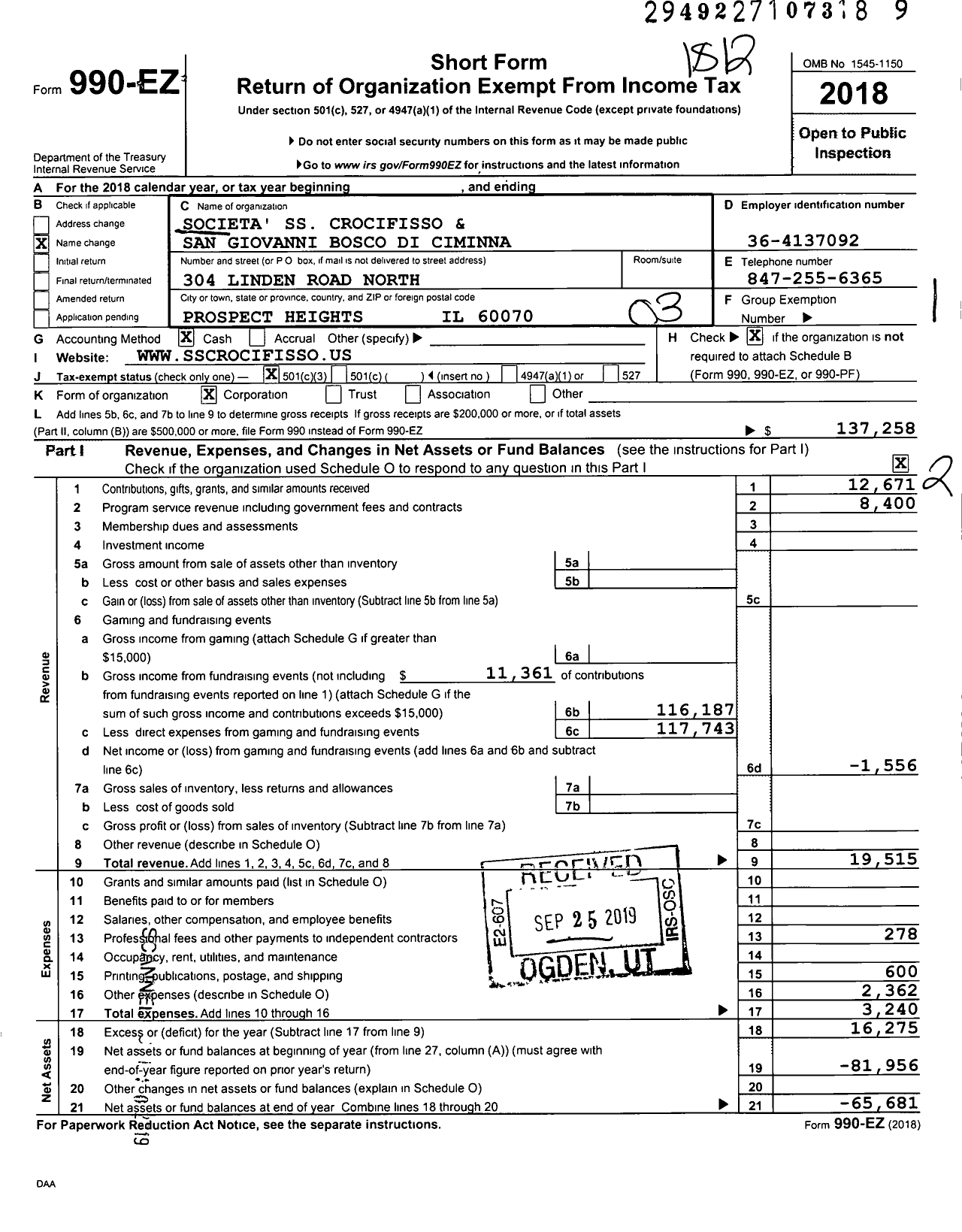 Image of first page of 2018 Form 990EZ for Societa' Santissimo Crocifisso Padres Delle Grazie Di Ciminna