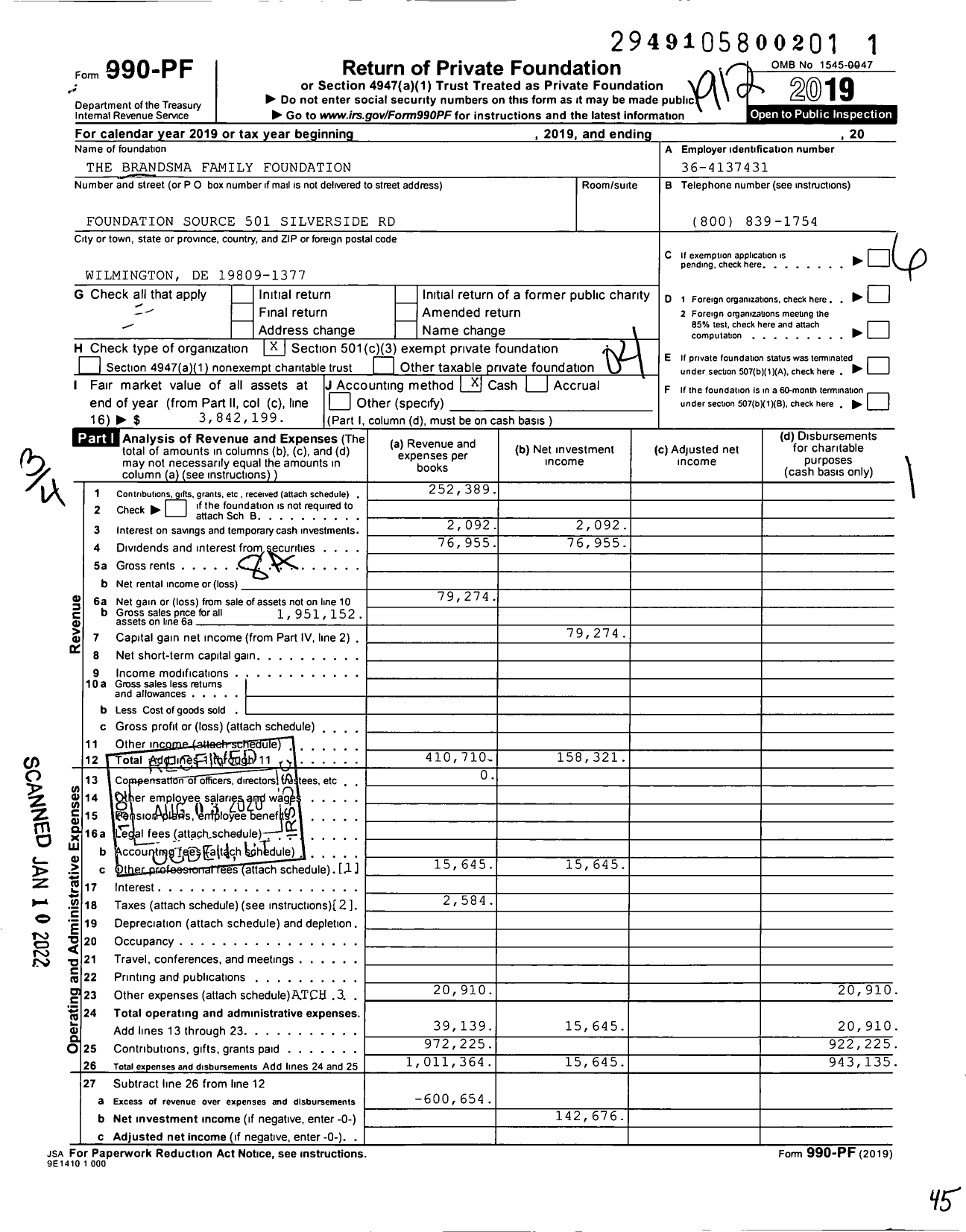 Image of first page of 2019 Form 990PF for The Brandsma Family Foundation