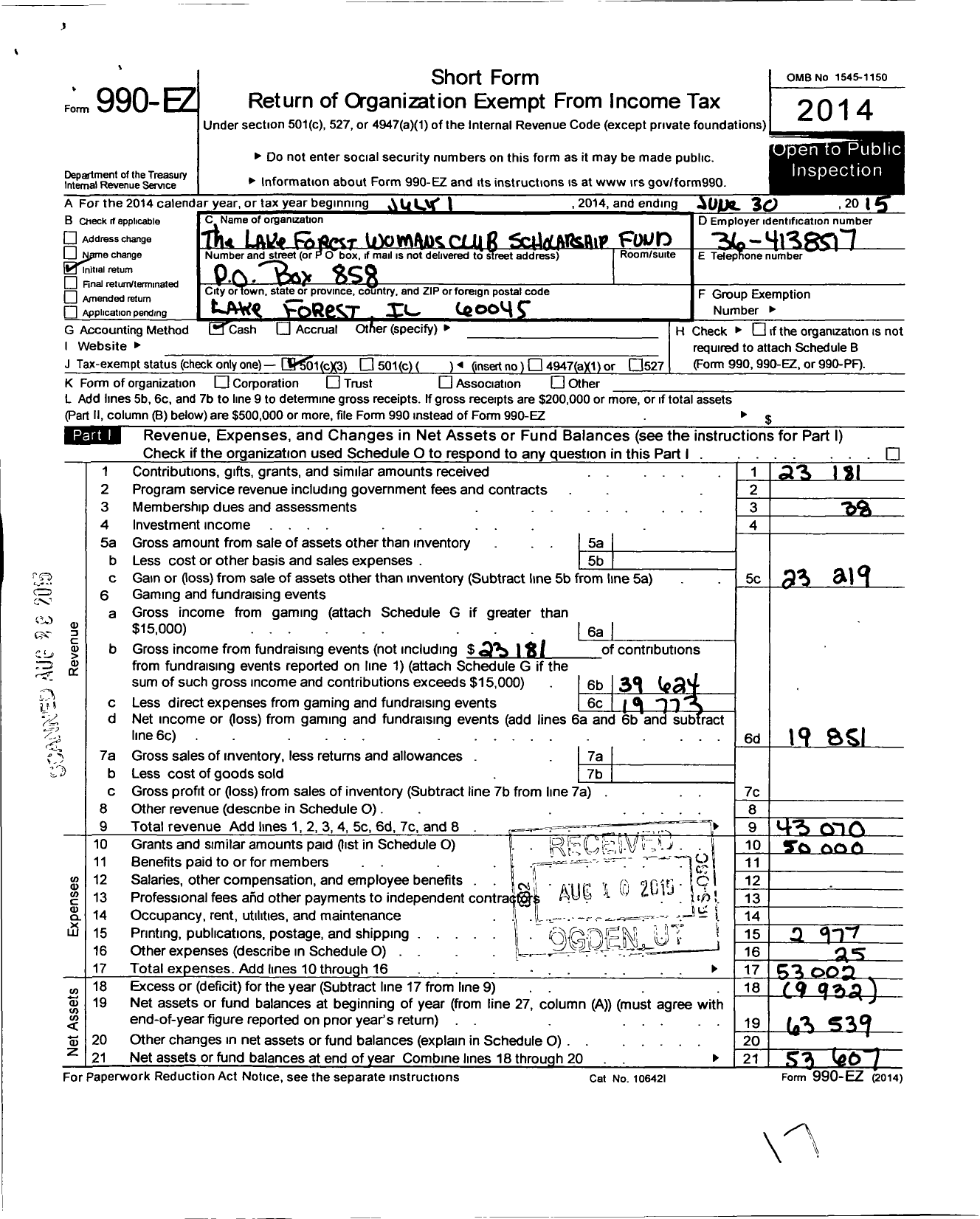 Image of first page of 2014 Form 990EZ for Lake Forest Womans Club Scholarship Fund