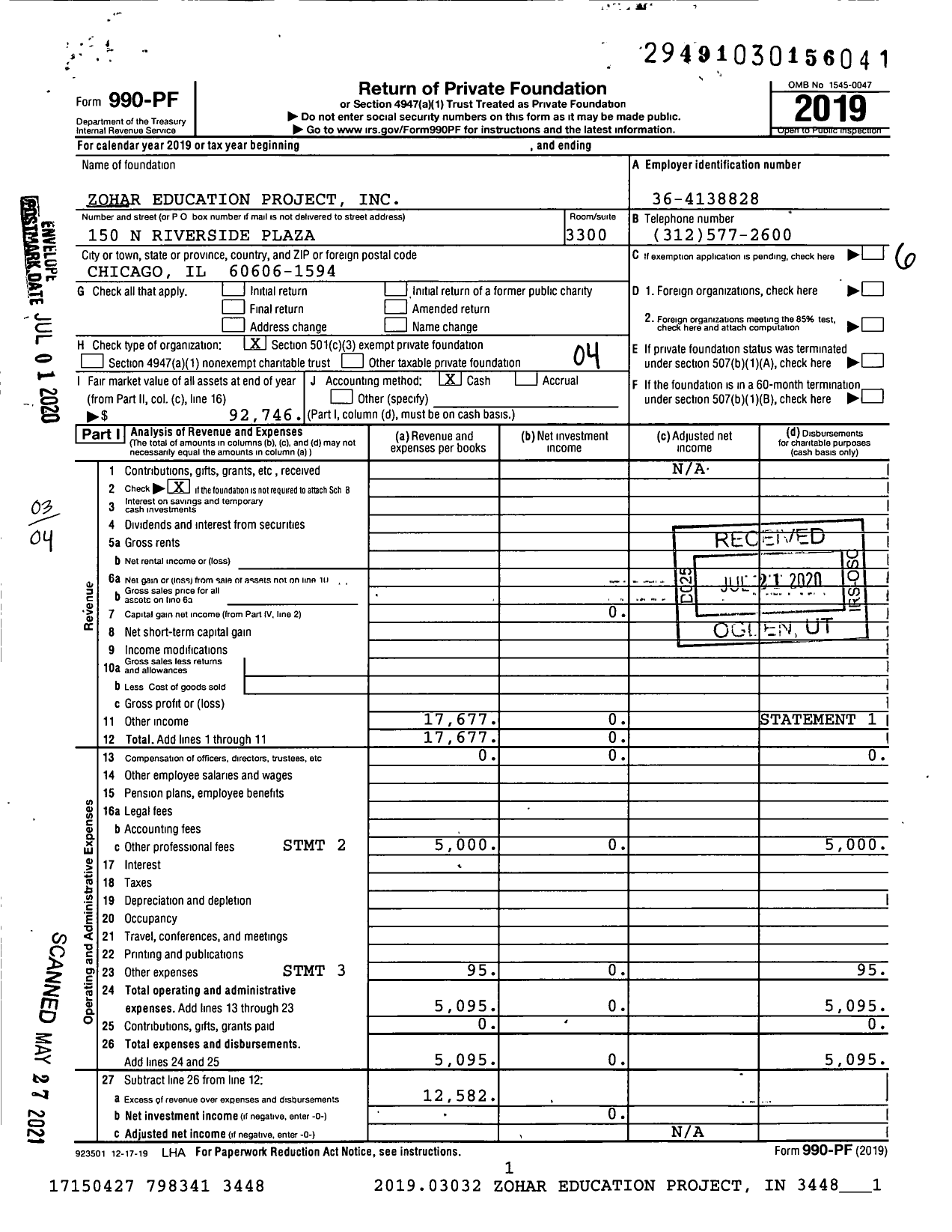 Image of first page of 2019 Form 990PF for Zohar Education Project