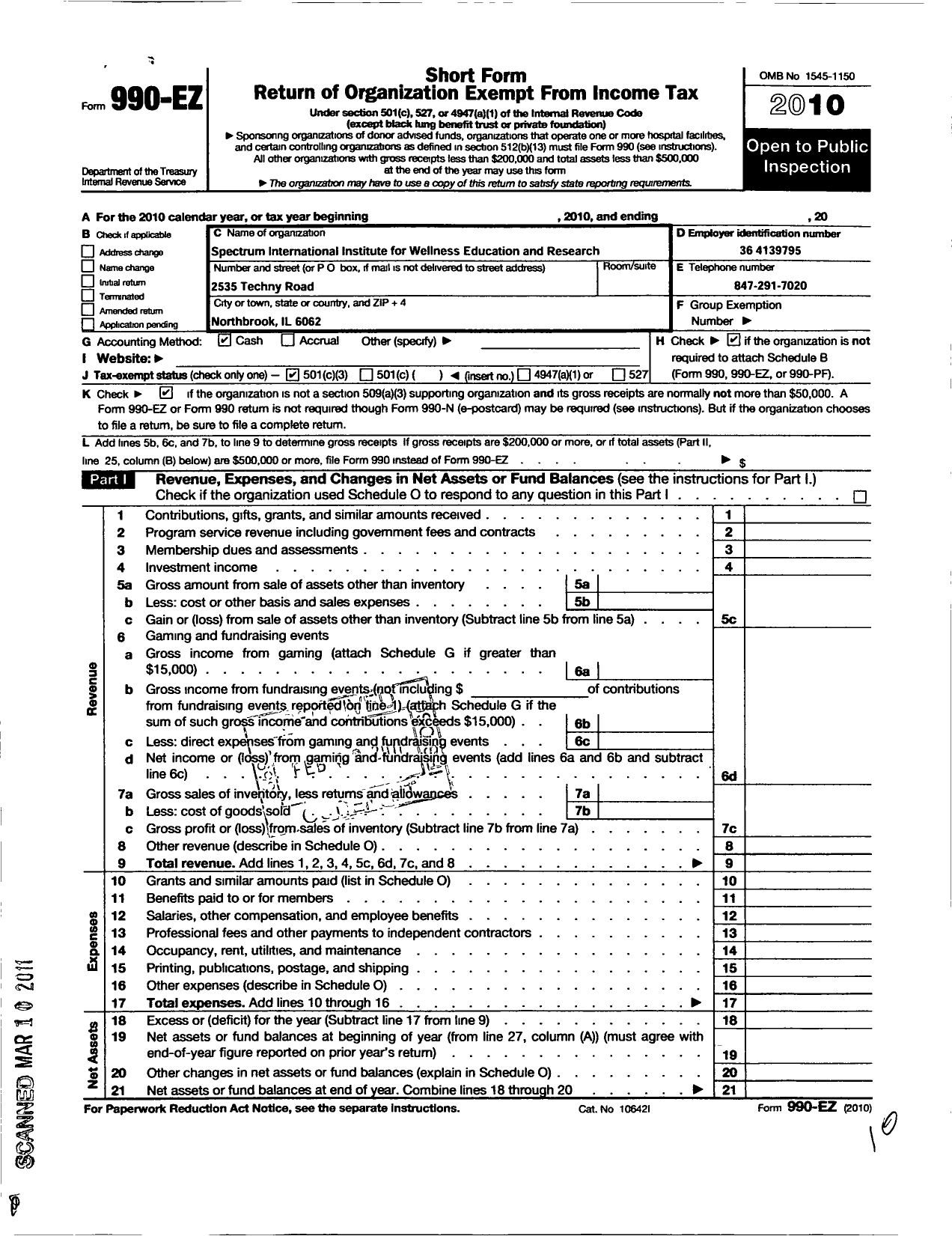 Image of first page of 2010 Form 990EZ for Spectrum International Institute for Wellness Research and Education