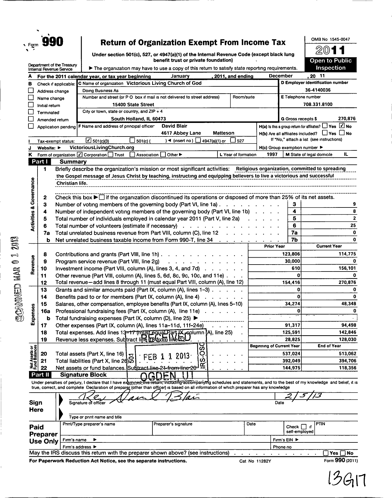 Image of first page of 2011 Form 990 for Victorious Living Church of God