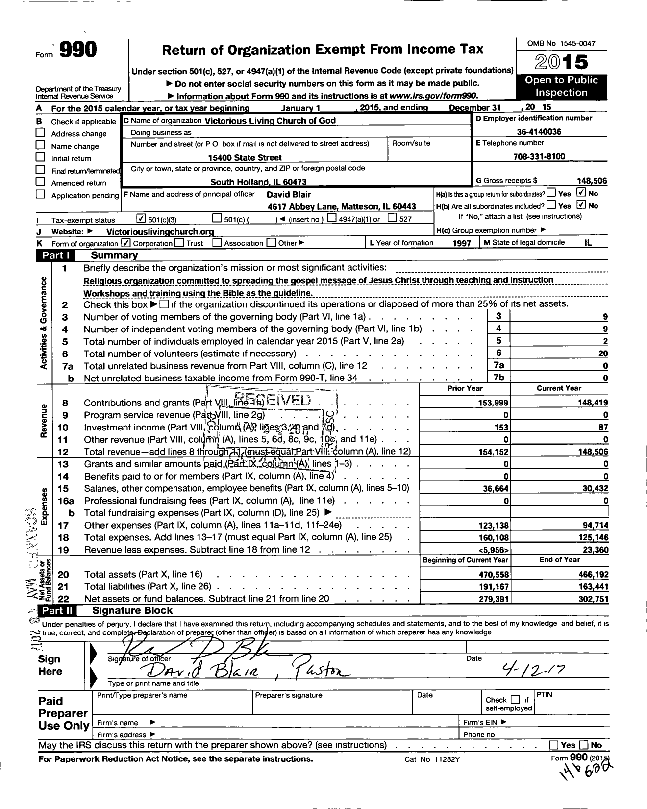 Image of first page of 2015 Form 990 for Victorious Living Church of God