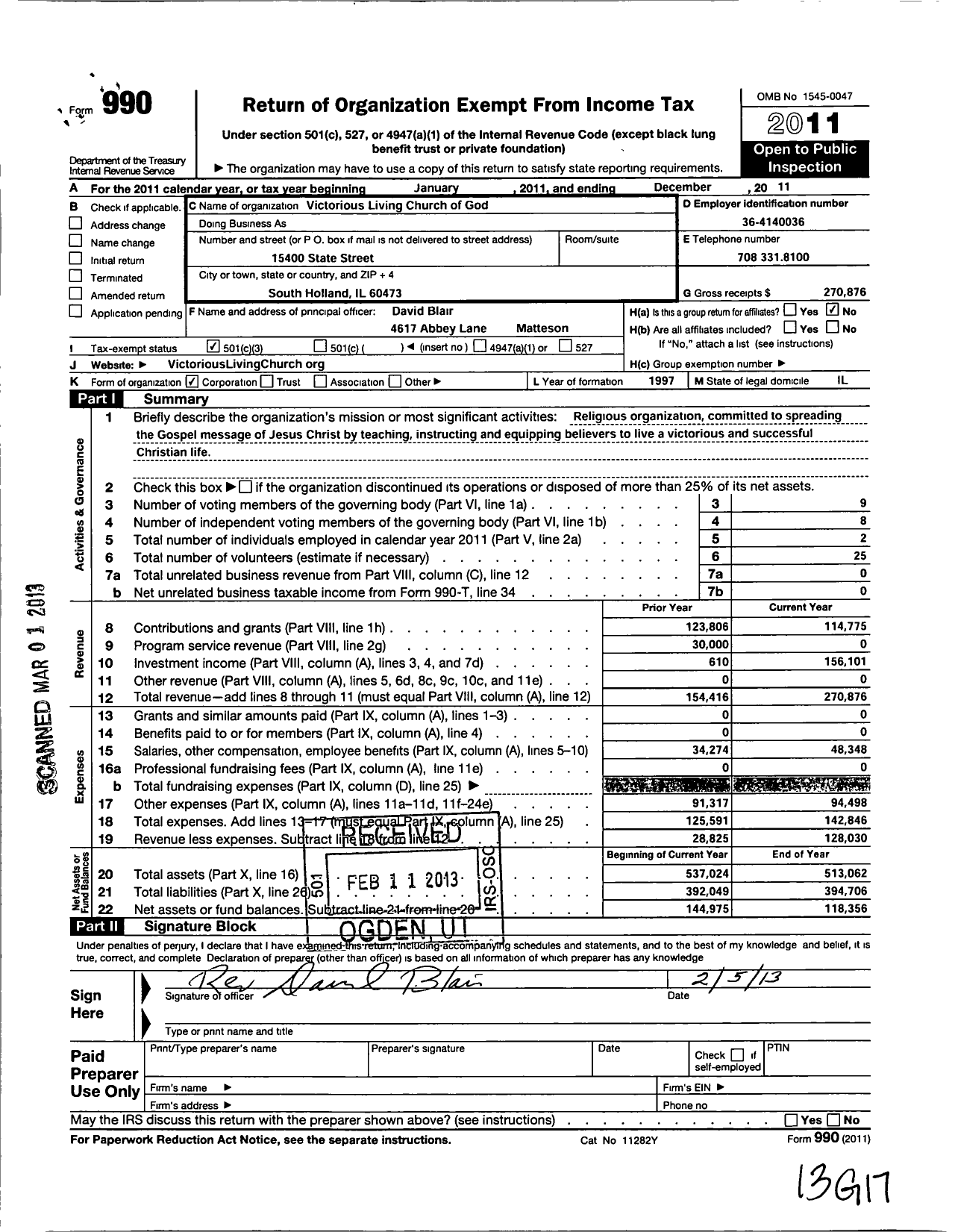 Image of first page of 2011 Form 990 for Victorious Living Church of God