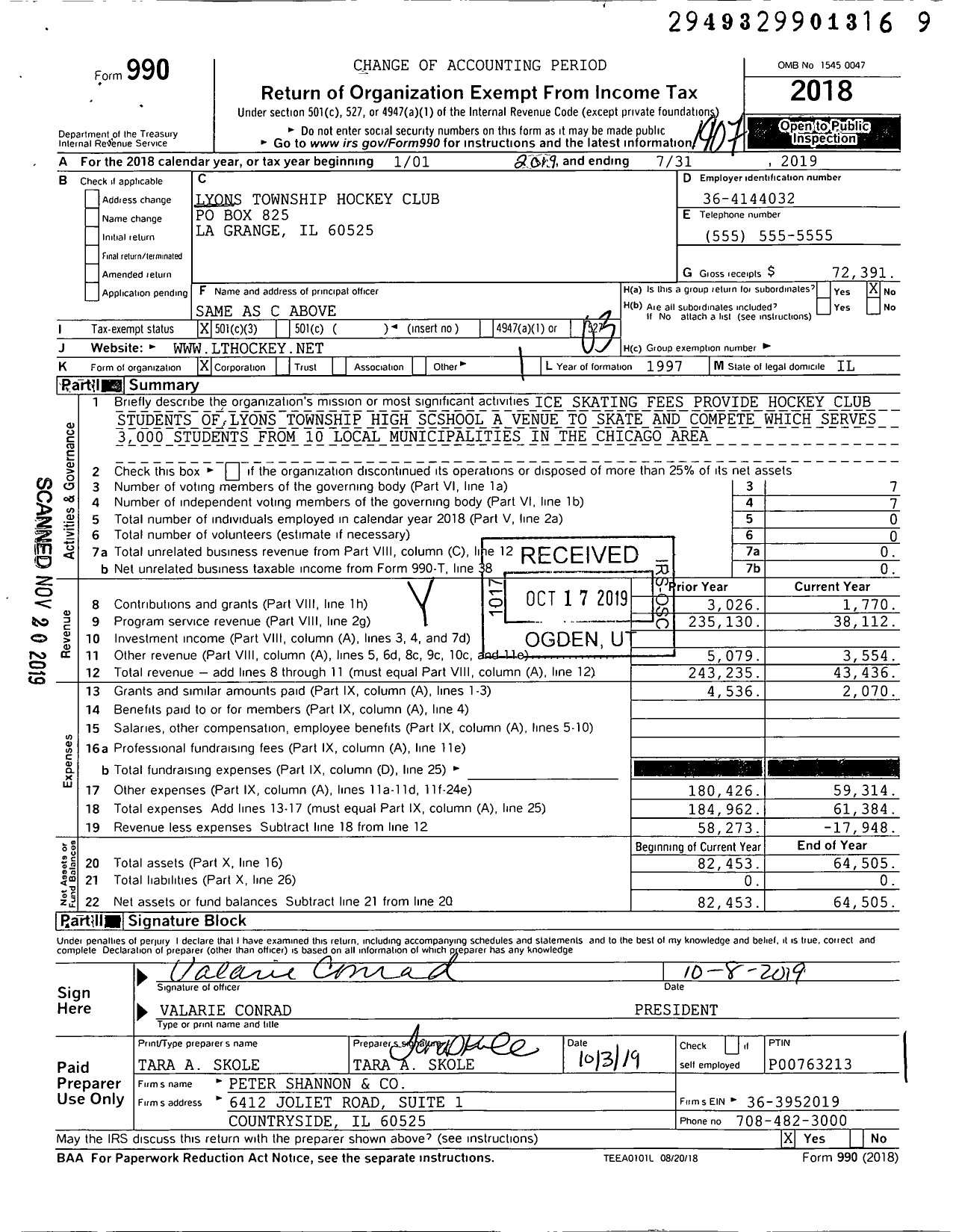 Image of first page of 2018 Form 990 for Lyons Township Hockey Club