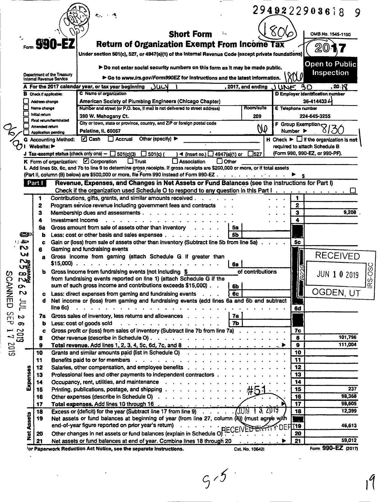 Image of first page of 2017 Form 990EO for American Society of Plumbing Engineers Chicago Chapter