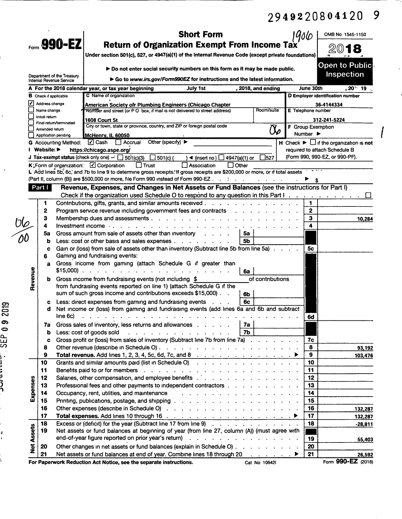 Image of first page of 2018 Form 990EO for American Society of Plumbing Engineers Chicago Chapter