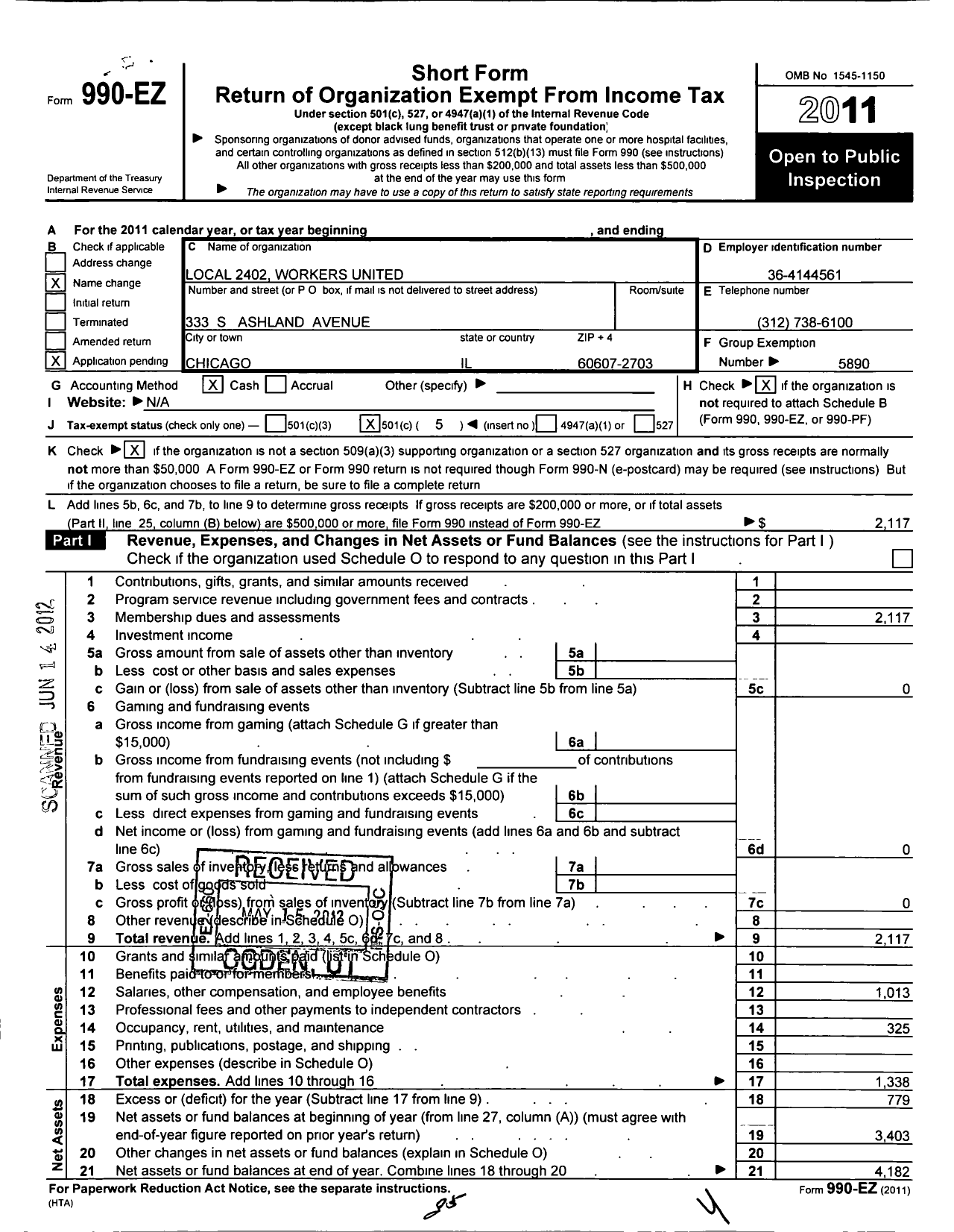 Image of first page of 2011 Form 990EO for Workers United - 2402 Local Fenton Il