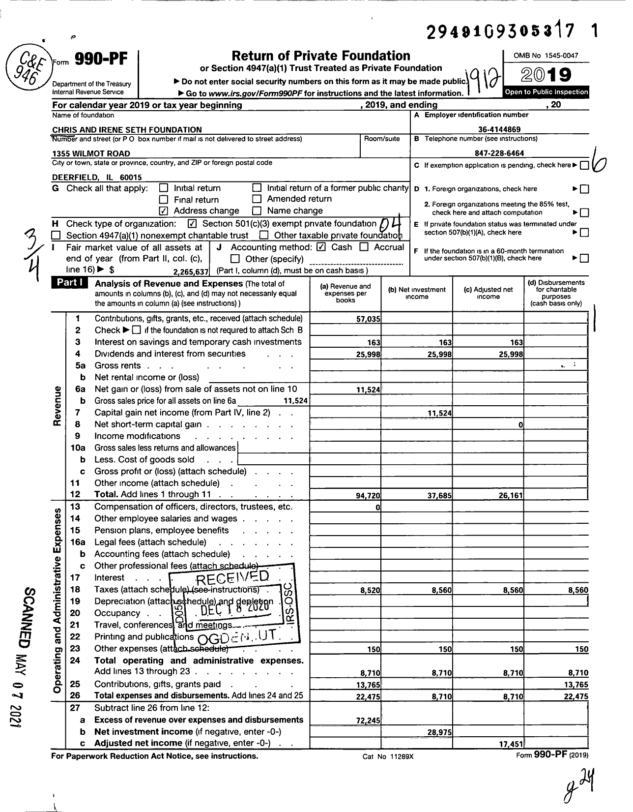 Image of first page of 2019 Form 990PF for Chris and Irene Seth Family Foundation