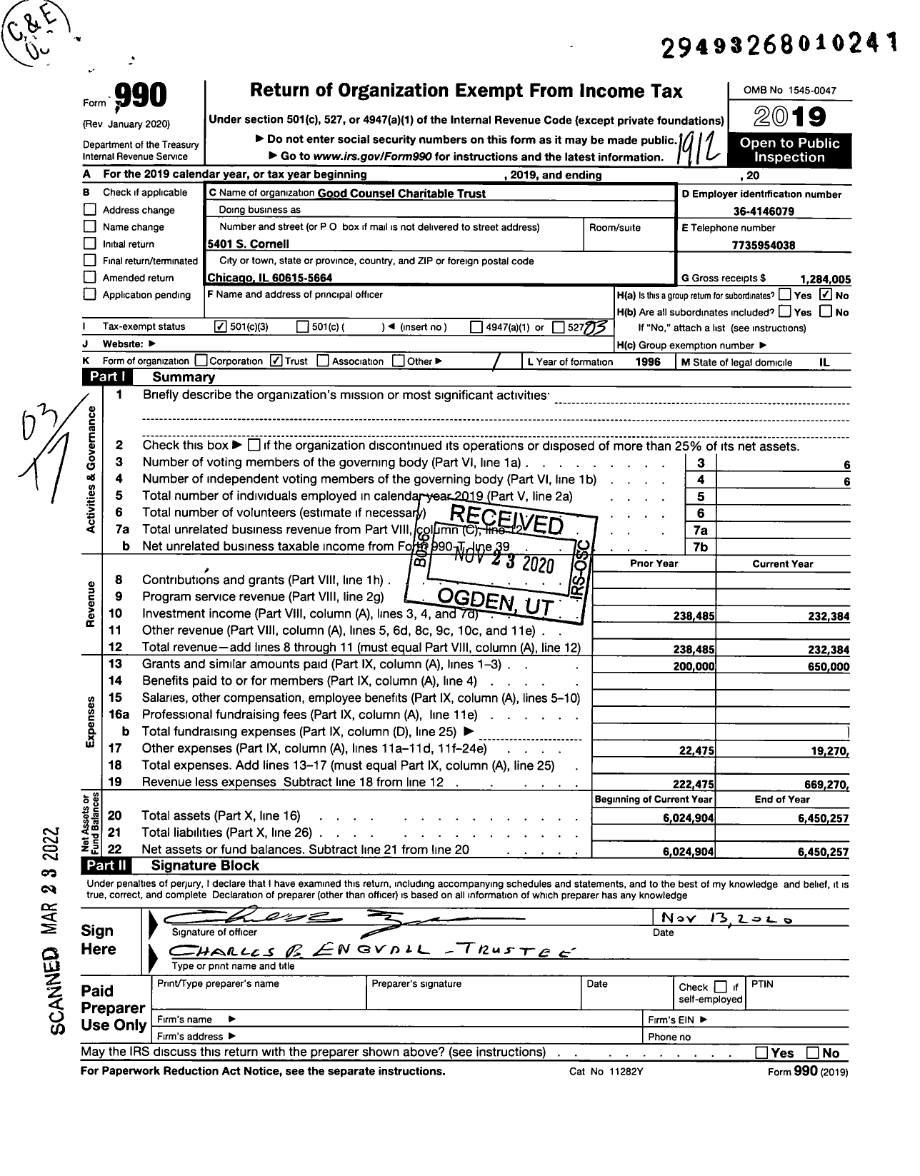 Image of first page of 2019 Form 990 for Good Counsel Charitable Trust