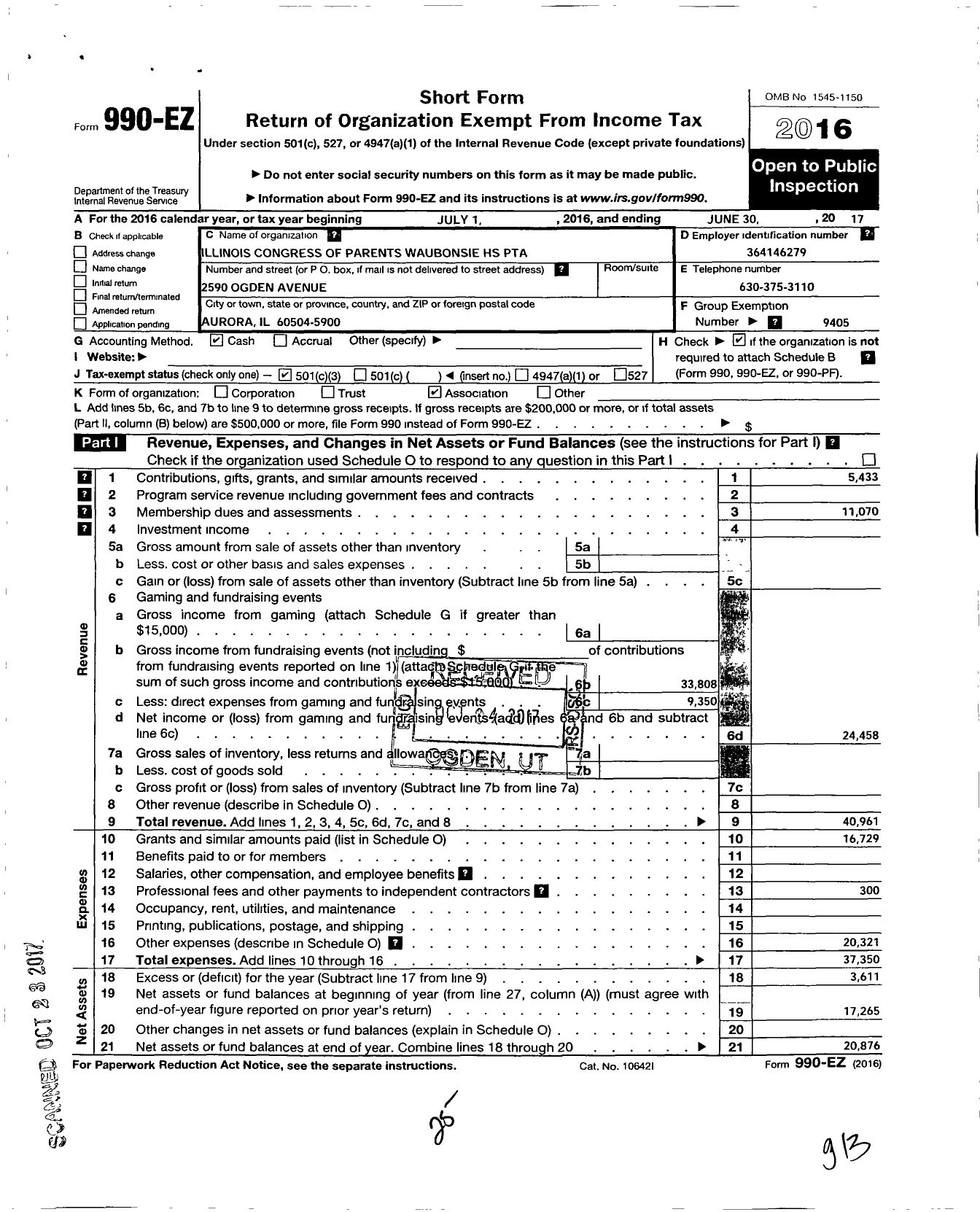 Image of first page of 2016 Form 990EZ for Illinois PTA - Waubonsie Valley PTA