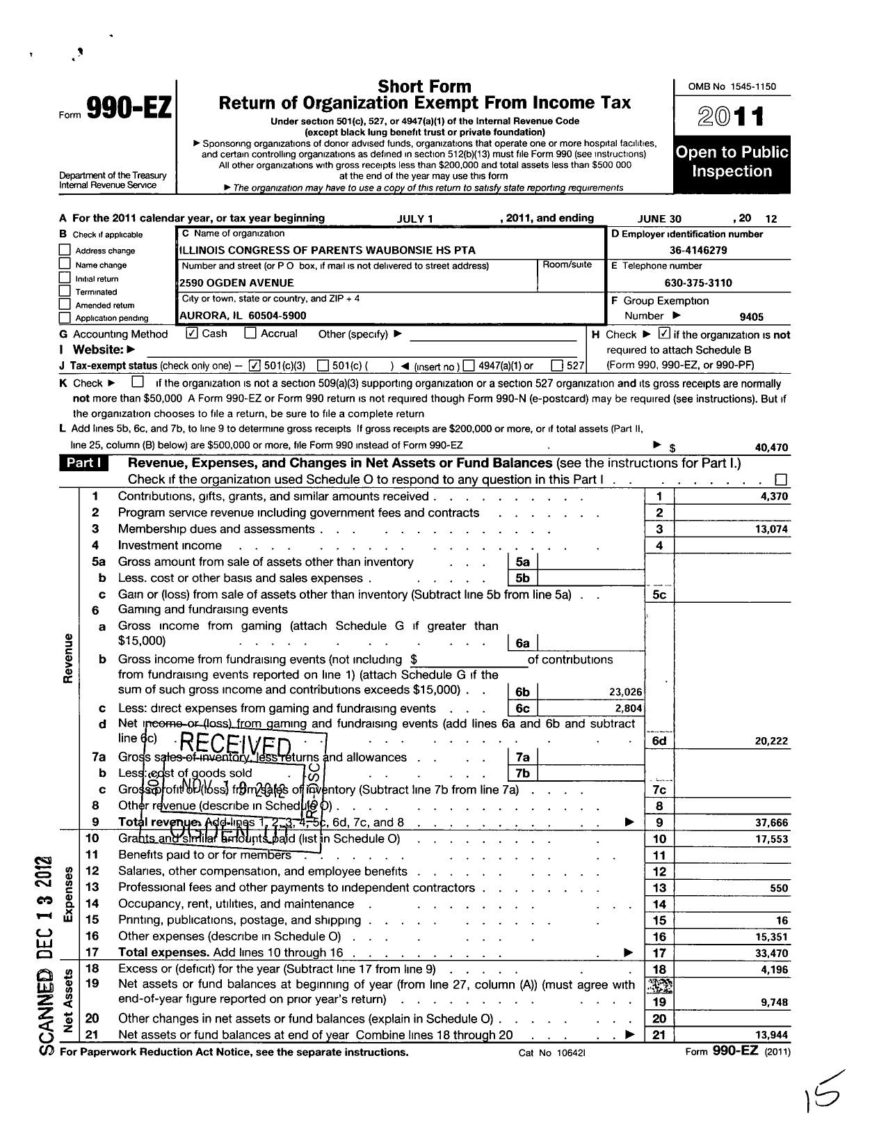 Image of first page of 2011 Form 990EZ for Illinois PTA - Waubonsie Valley PTA