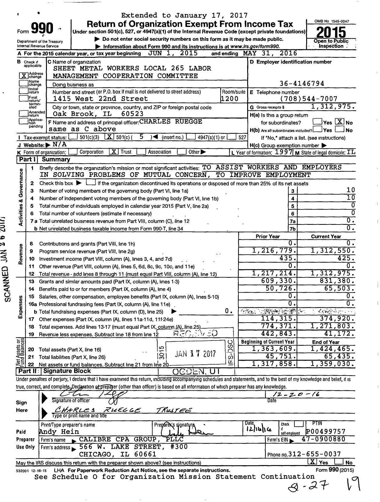 Image of first page of 2015 Form 990O for Smart Local 265 Labor Management Cooperative Committee Trust Fund