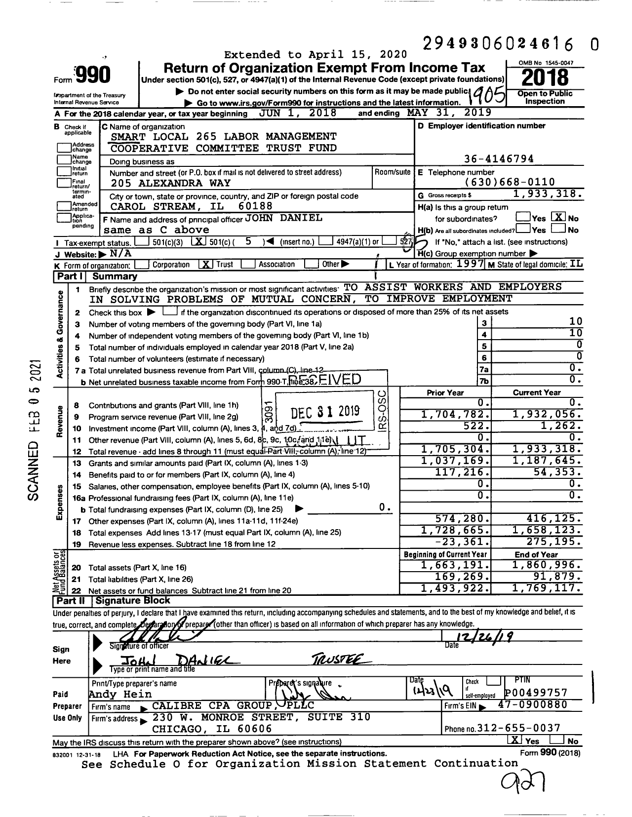 Image of first page of 2018 Form 990O for Smart Local 265 Labor Management Cooperative Committee Trust Fund