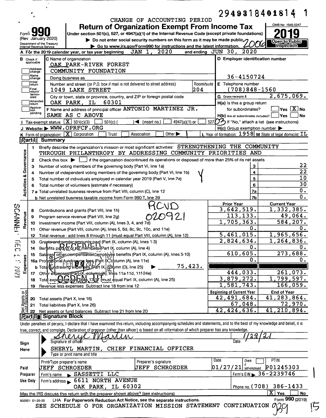 Image of first page of 2019 Form 990 for Oak Park-River Forest Community Foundation (OPRFCF)