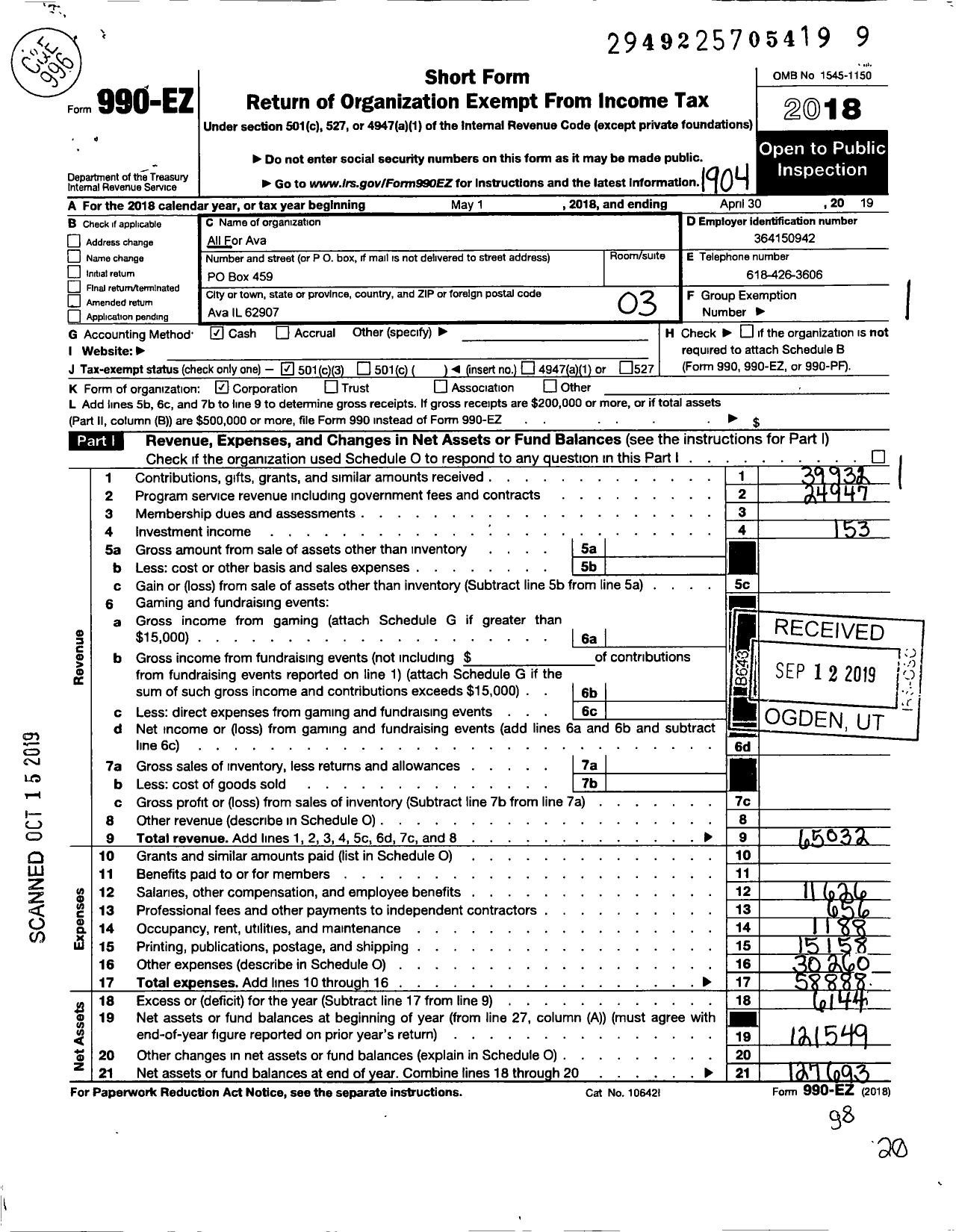 Image of first page of 2018 Form 990EZ for All for Ava