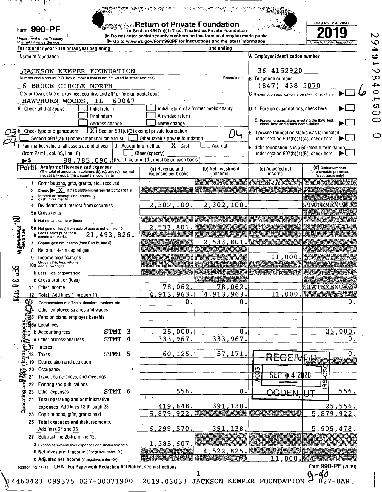 Image of first page of 2019 Form 990PF for Jackson Kemper Foundation