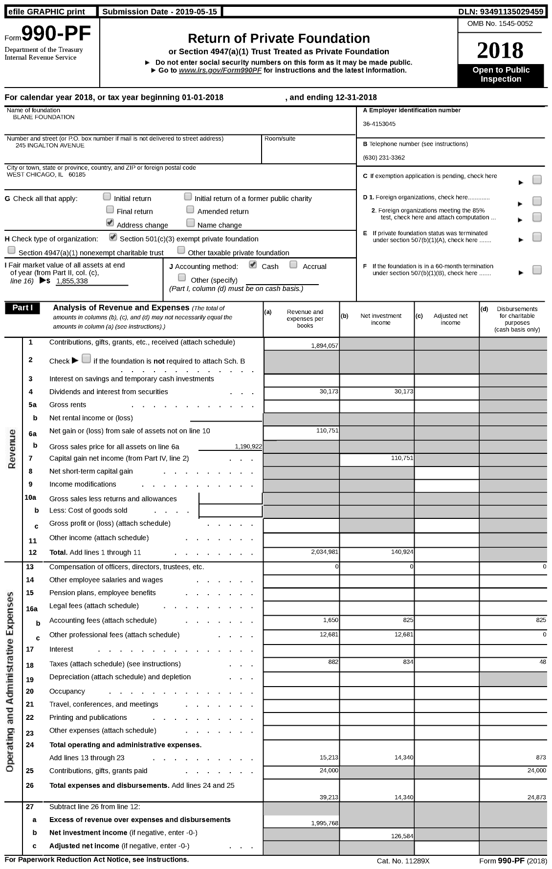 Image of first page of 2018 Form 990PF for Blane Foundation