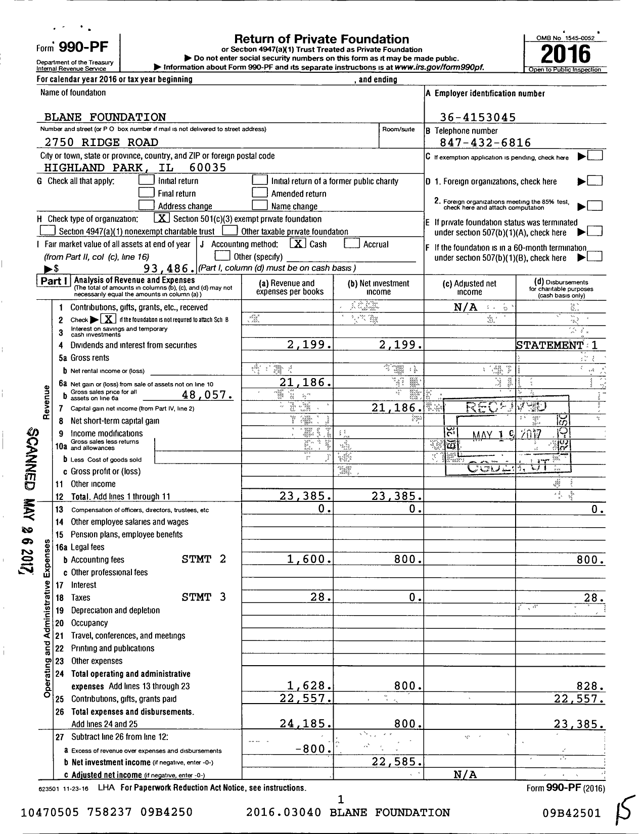 Image of first page of 2016 Form 990PF for Blane Foundation