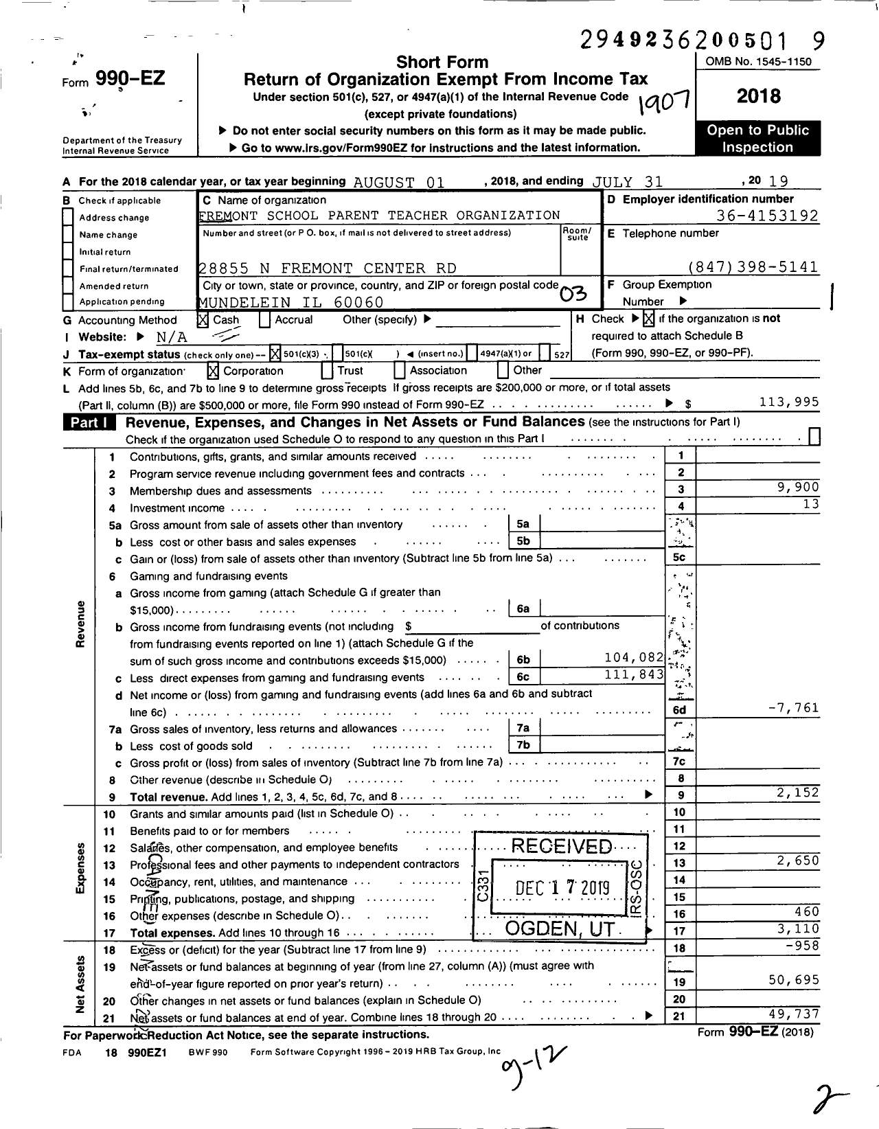 Image of first page of 2018 Form 990EZ for Fremont School Parent Teacher Organization