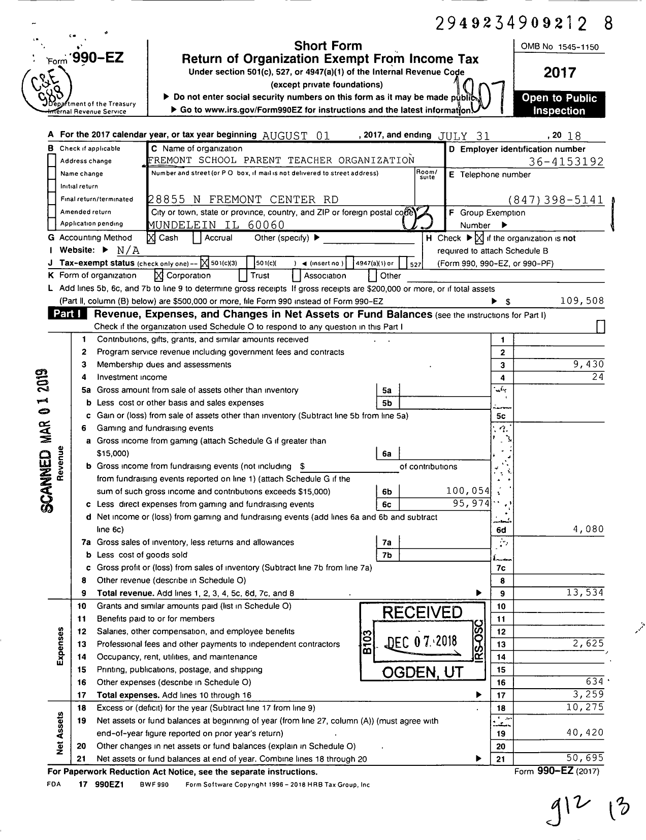 Image of first page of 2017 Form 990EZ for Fremont School Parent Teacher Organization