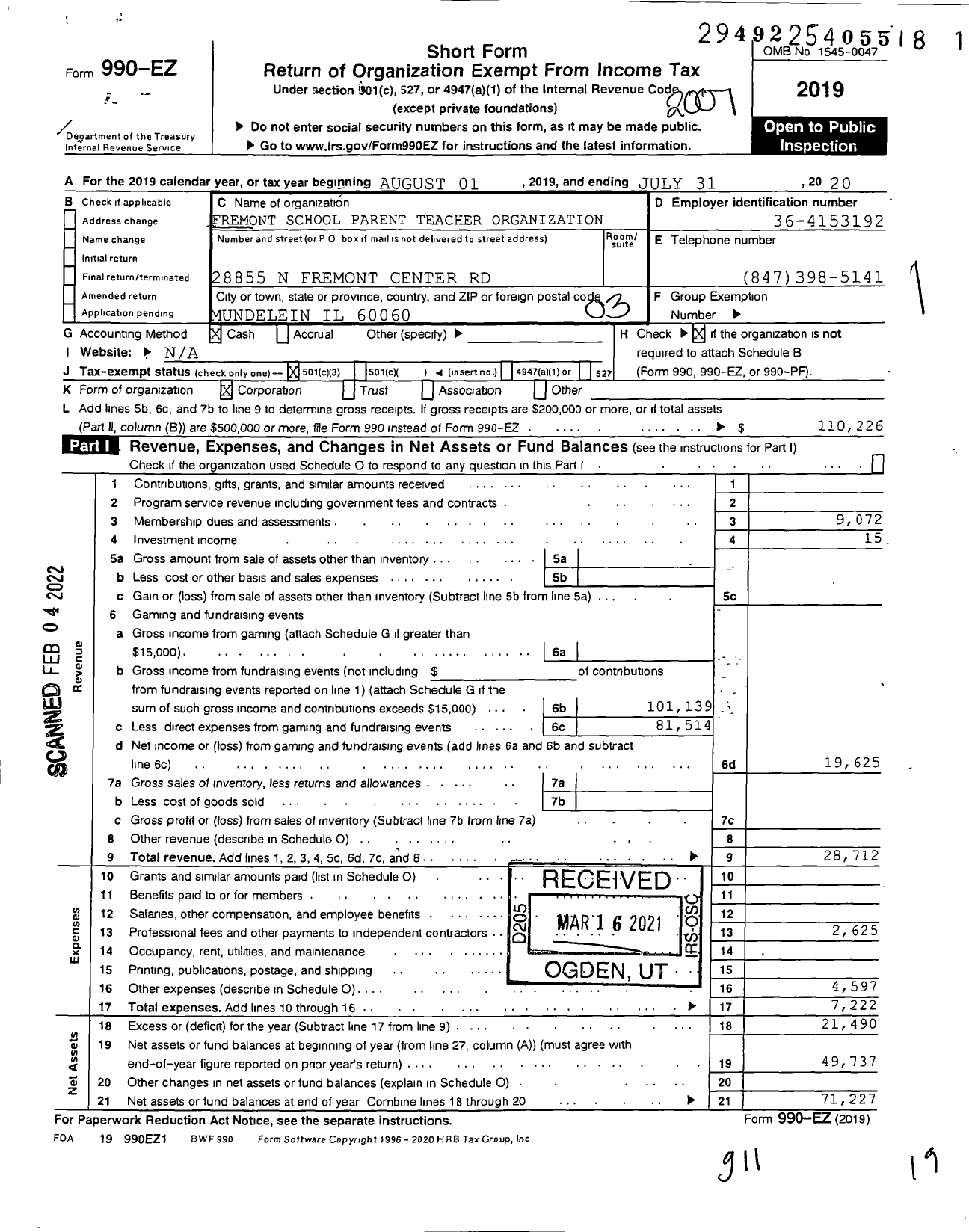 Image of first page of 2019 Form 990EZ for Fremont School Parent Teacher Organization