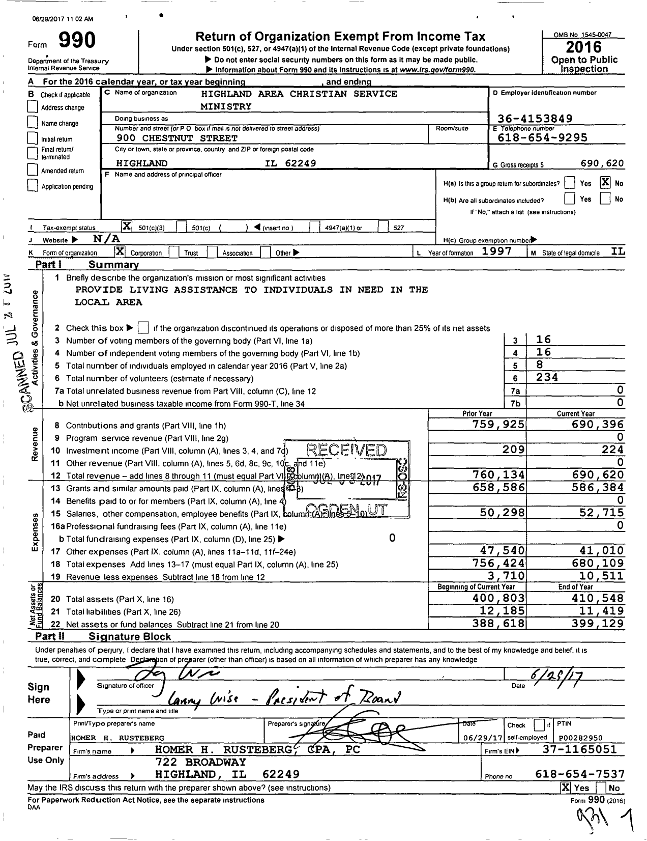 Image of first page of 2016 Form 990 for Highland Area Christian Service Ministry