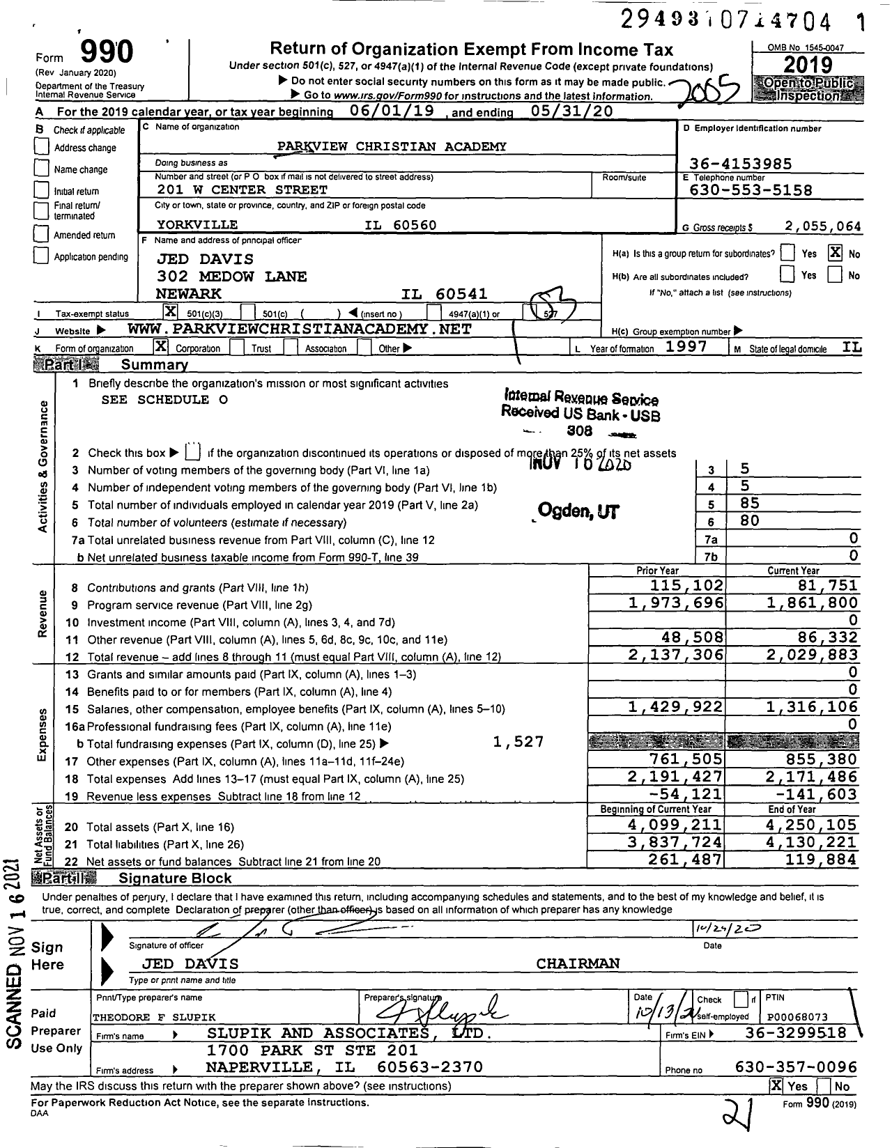 Image of first page of 2019 Form 990 for Parkview Christian Academy