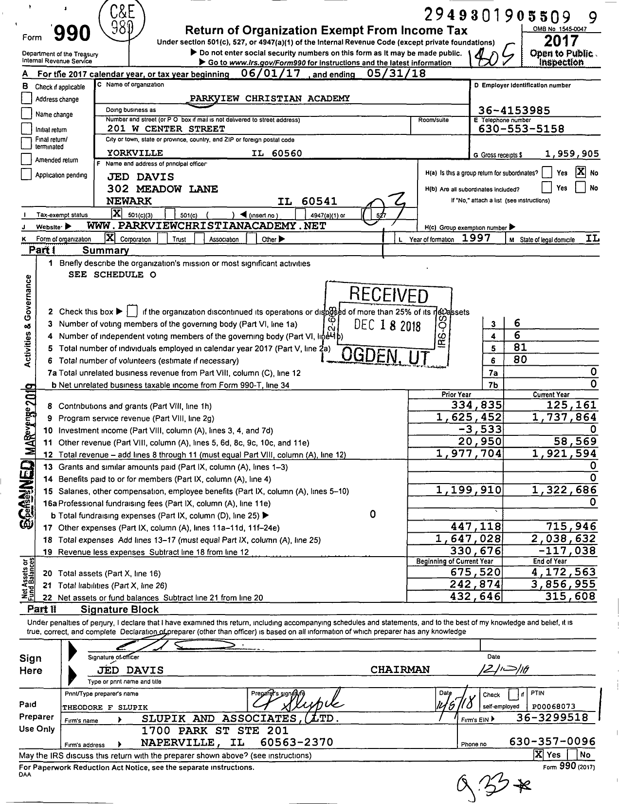 Image of first page of 2017 Form 990 for Parkview Christian Academy