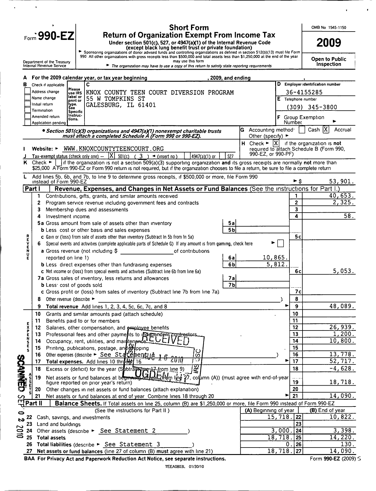 Image of first page of 2009 Form 990EZ for Knox County Teen Court