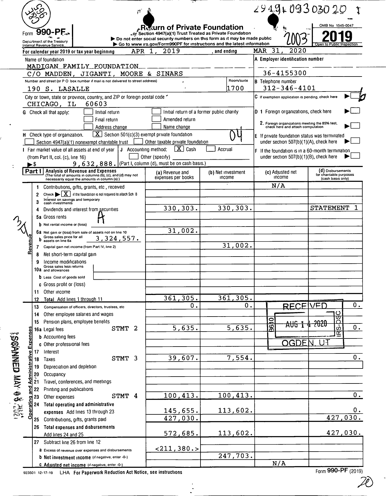 Image of first page of 2019 Form 990PF for Madigan Family Foundation