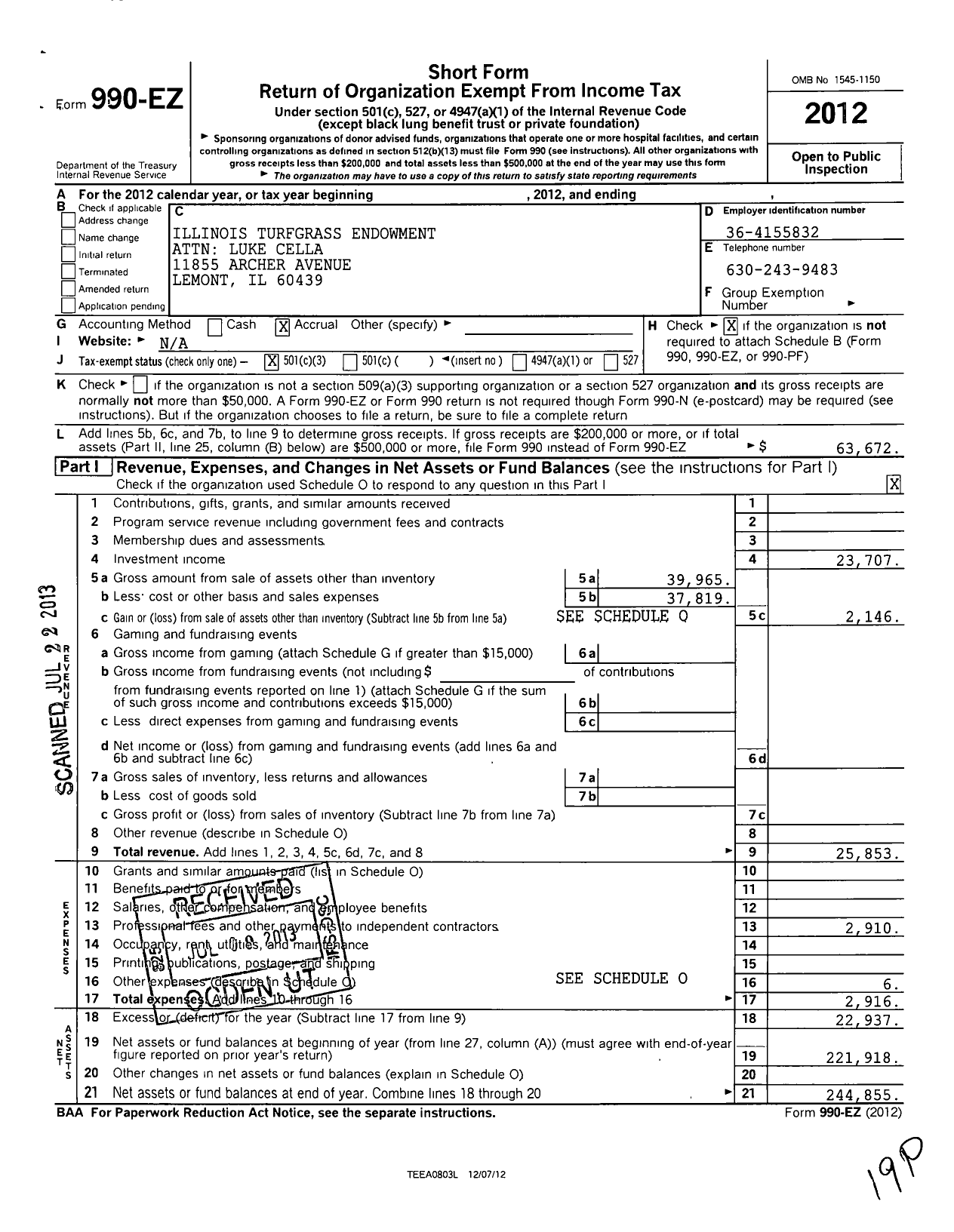 Image of first page of 2012 Form 990EZ for Illinois Turfgrass Endowment