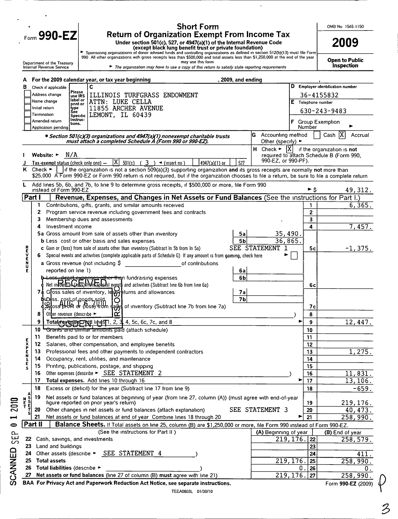 Image of first page of 2009 Form 990EZ for Illinois Turfgrass Endowment