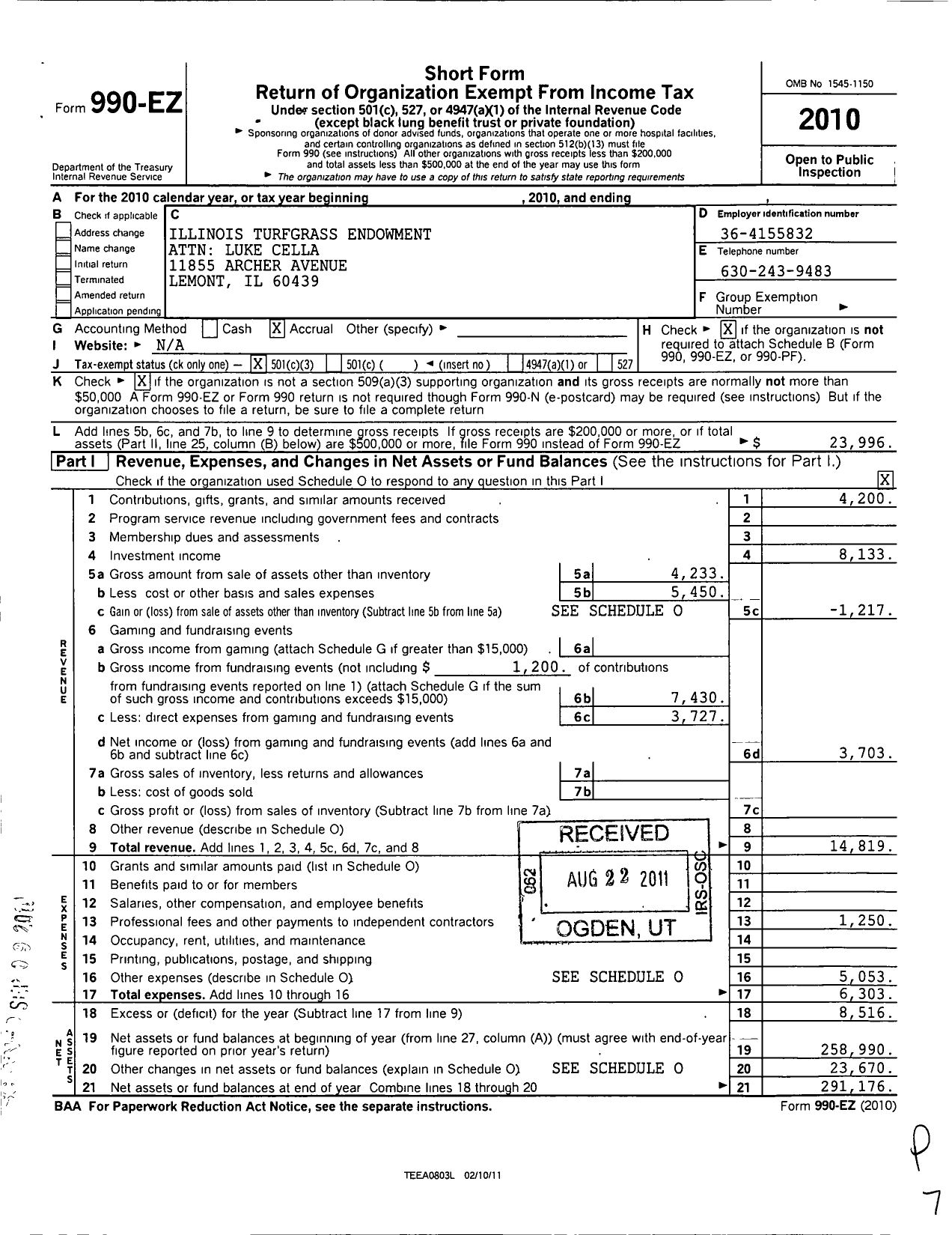 Image of first page of 2010 Form 990EZ for Illinois Turfgrass Endowment