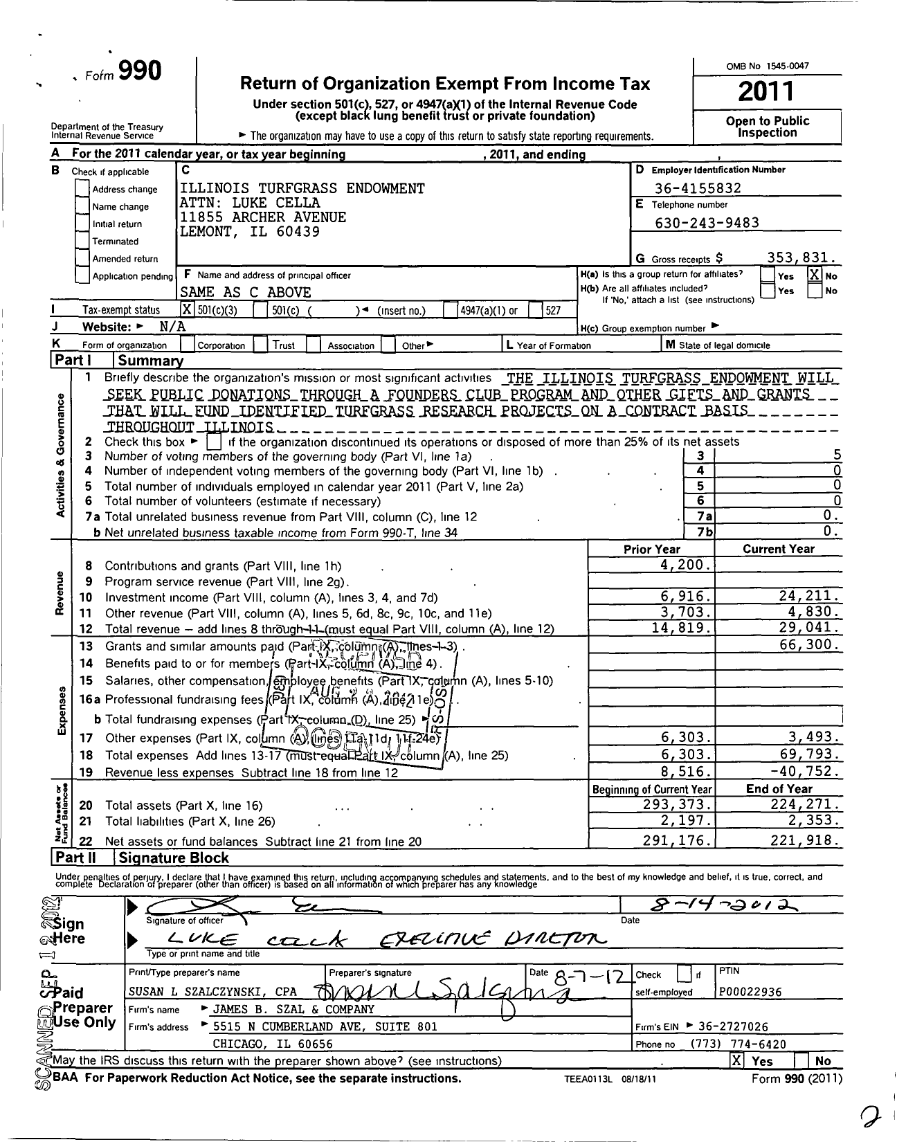 Image of first page of 2011 Form 990 for Illinois Turfgrass Endowment